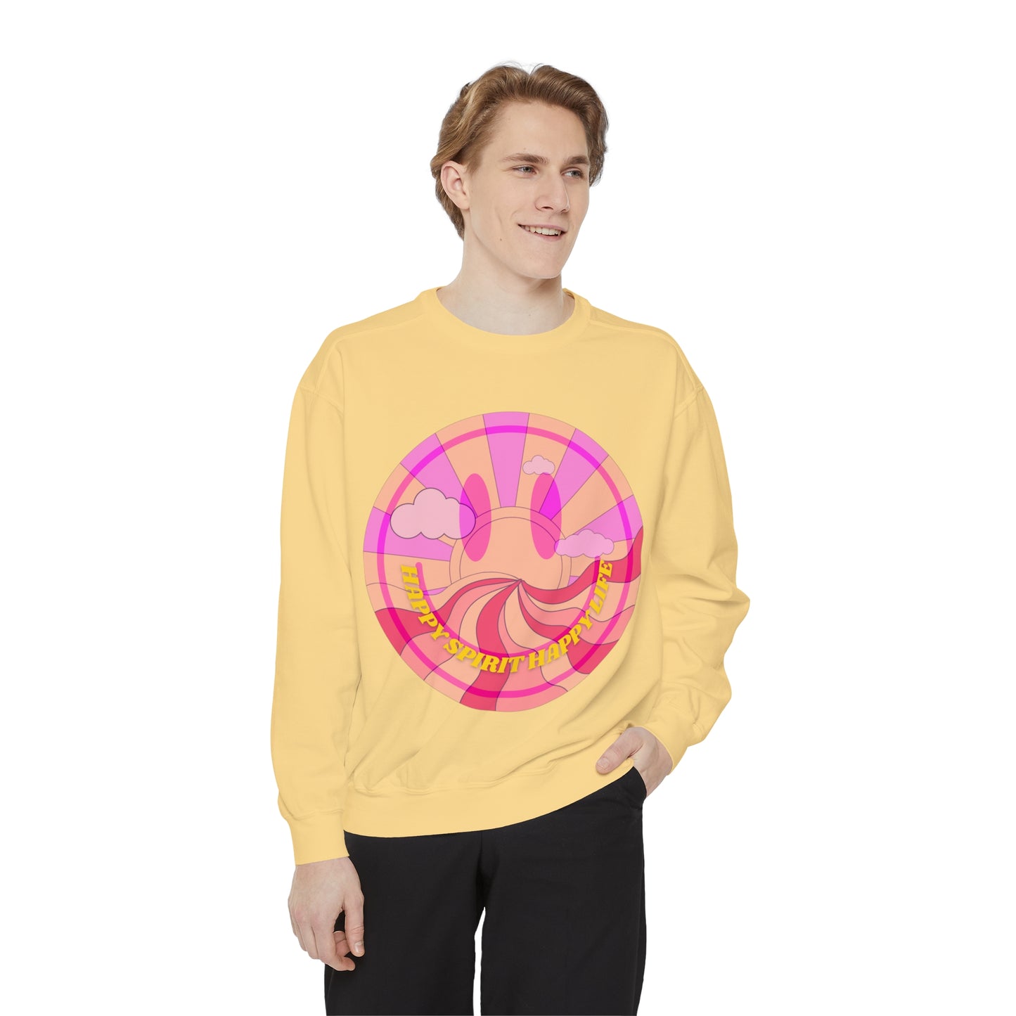 Aesthetic Smile Hoodie, Smile Face Comfort Colors Crewneck, Happy Spirit Happy Life Sunset Smile Sweatshirt, Unisex Garment-Dyed Sweatshirt