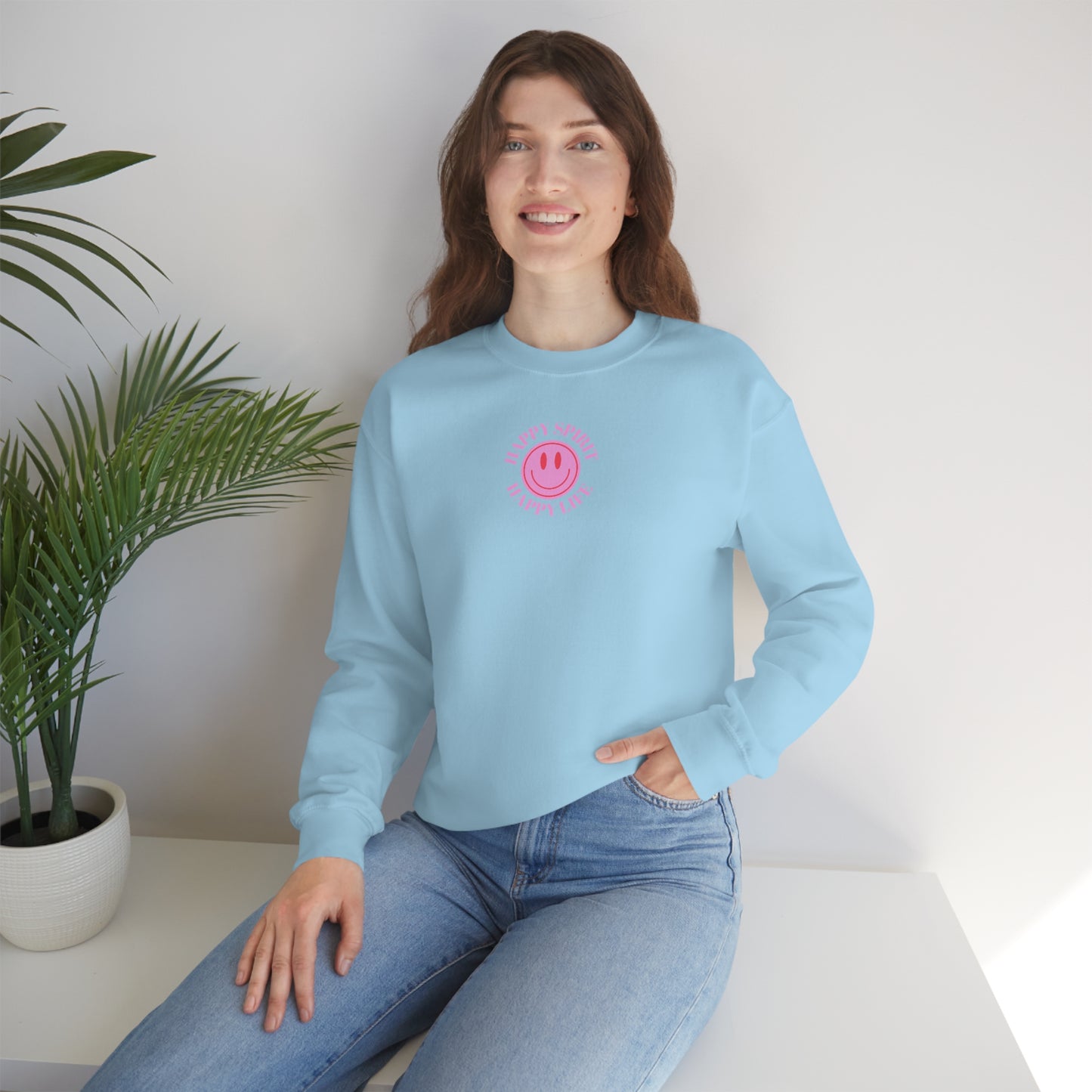 Copy of Happy Spirit Happy Life Sweatshirt, Gildan VSCO Girl Crewneck, Oversized Tumblr Front Back Print Smile Happy Mind Trendy Loungewear