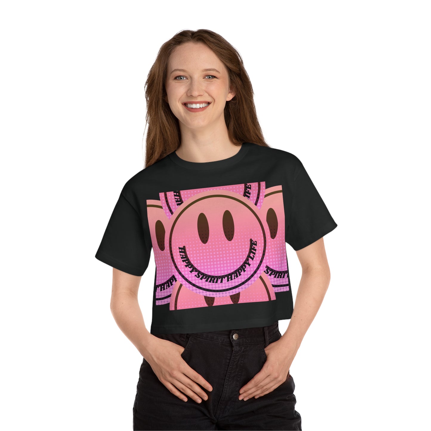 Aesthetic Smile Face Crop Shirt, Happy Spirit Happy Life Cropped Shirt, Smile Pink Sunset Ombre Champion Women's Heritage Cropped T-Shirt