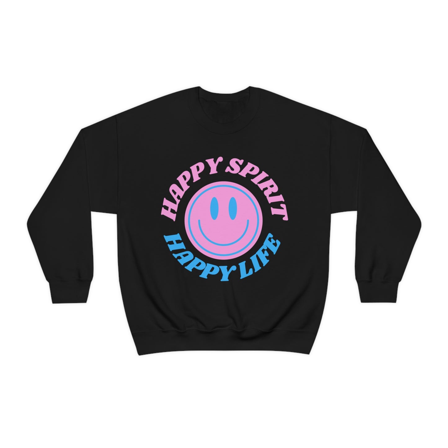 Happy Spirit Happy Life Sweatshirt, VSCO Girl Crewneck, Oversized Retro Font Graphic Tumblr, Front Print Smile Face Trendy Cover Up