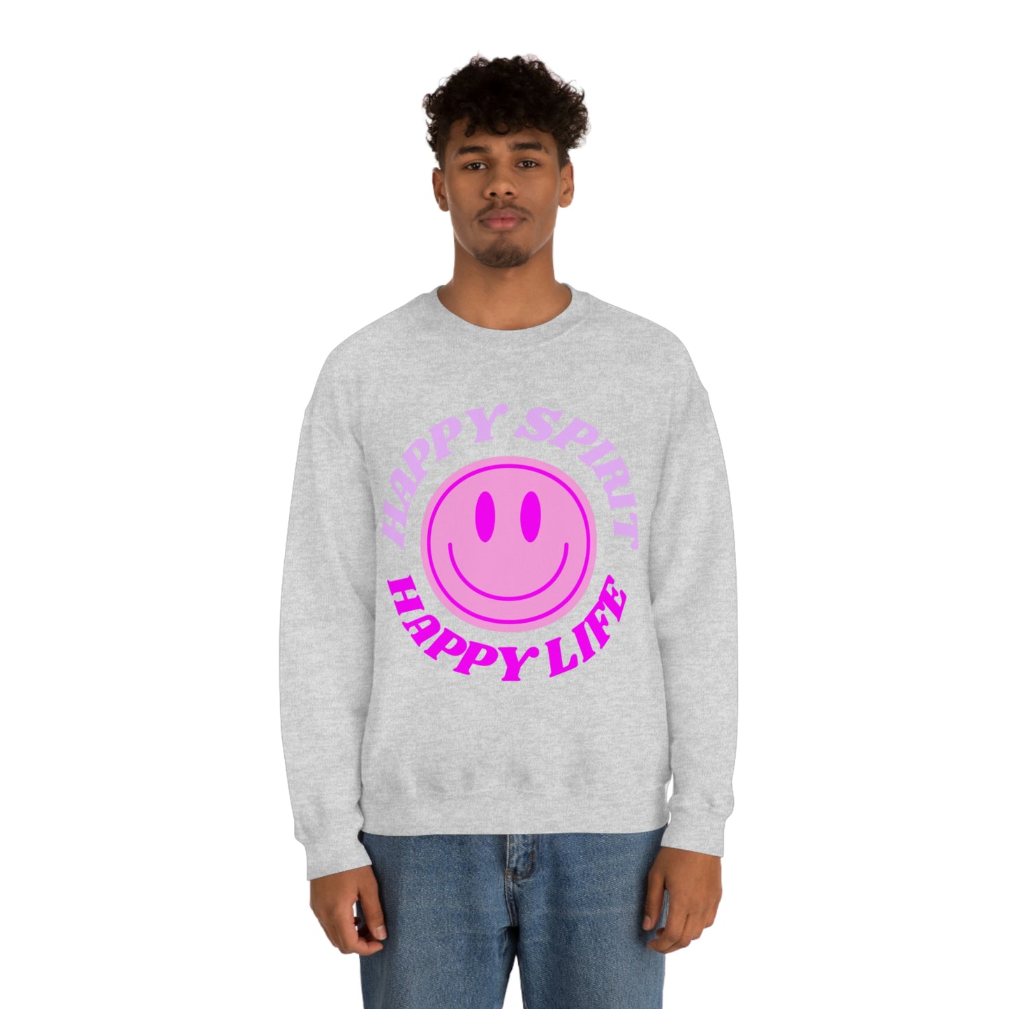 Happy Spirit Happy Life Sweatshirt, VSCO Girl Crewneck, Oversized Retro Font Graphic Tumblr, Front Print Smile Face Trendy Cover Up