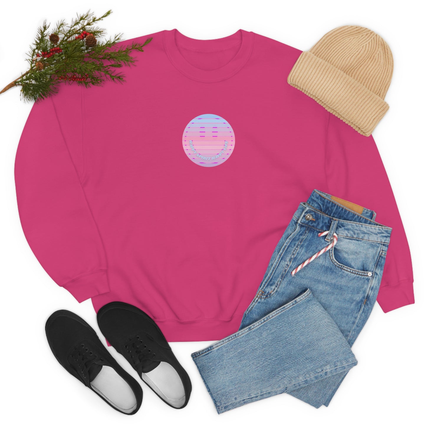 Happy Spirit Happy Life Sweatshirt, VSCO Girl Crewneck, Oversized Retro Font Graphic Tumblr, Front Print Smile Face Trendy Cover Up