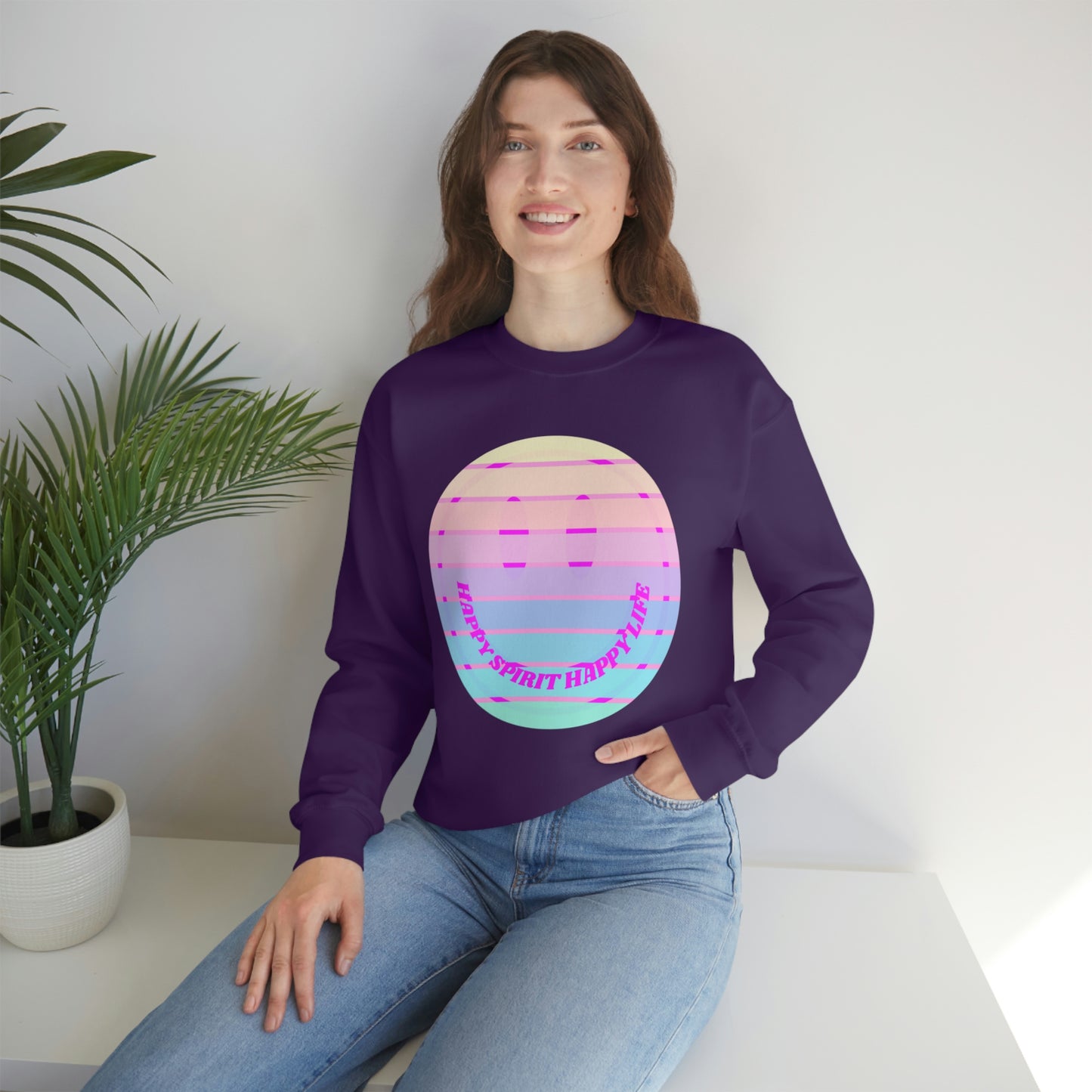 Happy Spirit Happy Life Sweatshirt, VSCO Girl Crewneck, Oversized Retro Font Graphic Tumblr, Front Print Smile Face Trendy Cover Up