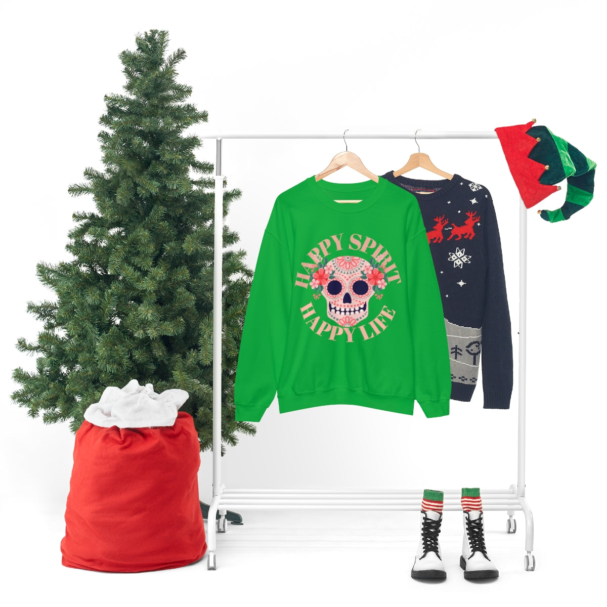 Dia De Los Muertos Crewneck Sweatshirt, Day of the Dead Gift, Happy Spirit Happy Life, Honoring the Dead Aesthetic Candy Skull, Sugar Skull