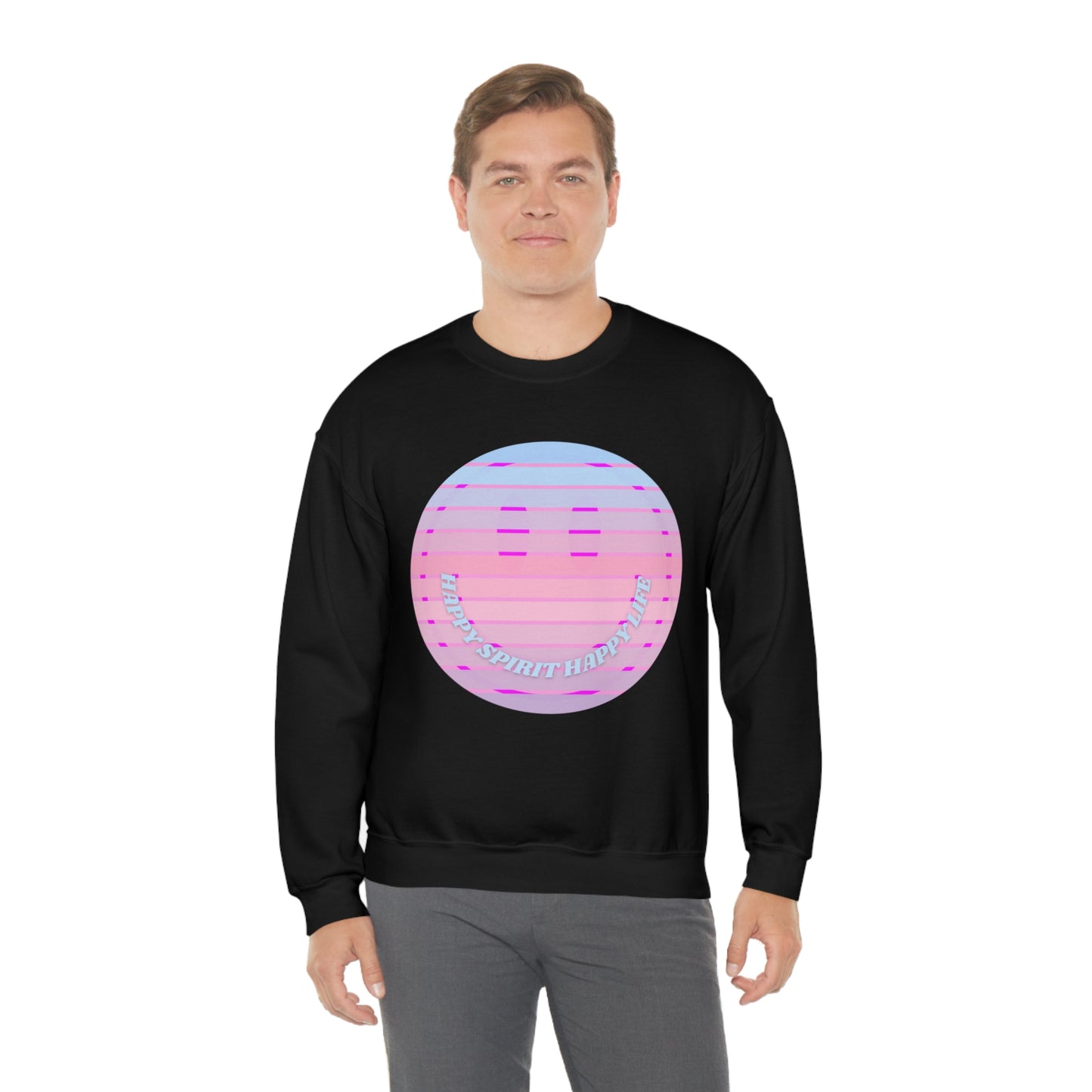 Happy Spirit Happy Life Sweatshirt, VSCO Girl Crewneck, Oversized Retro Font Graphic Tumblr, Front Print Smile Face Trendy Cover Up