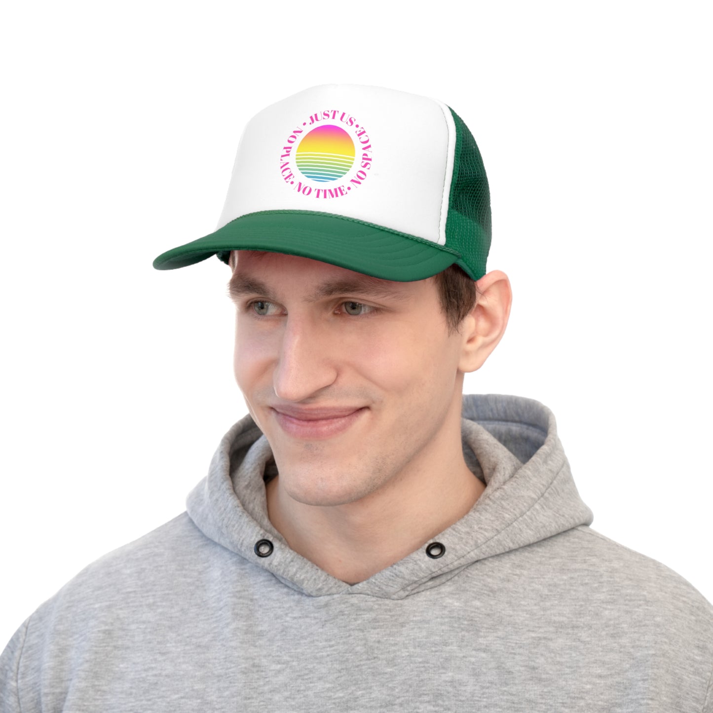 Aesthetic Hat, Smile Tumblr hat, Trendy Oversized hat, Vsco, Pink Graphic Trucker Hat, Baseball Hat, No Space, No Place, No Time, Just Us