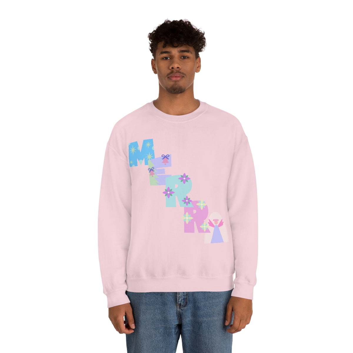 Pastel Christmas Sweatshirt, Holiday VSCO Girl Crewneck, Oversized Xmas Tumblr Sweater, Pastel Playful Letter Print Merry Trendy Sweatshirt