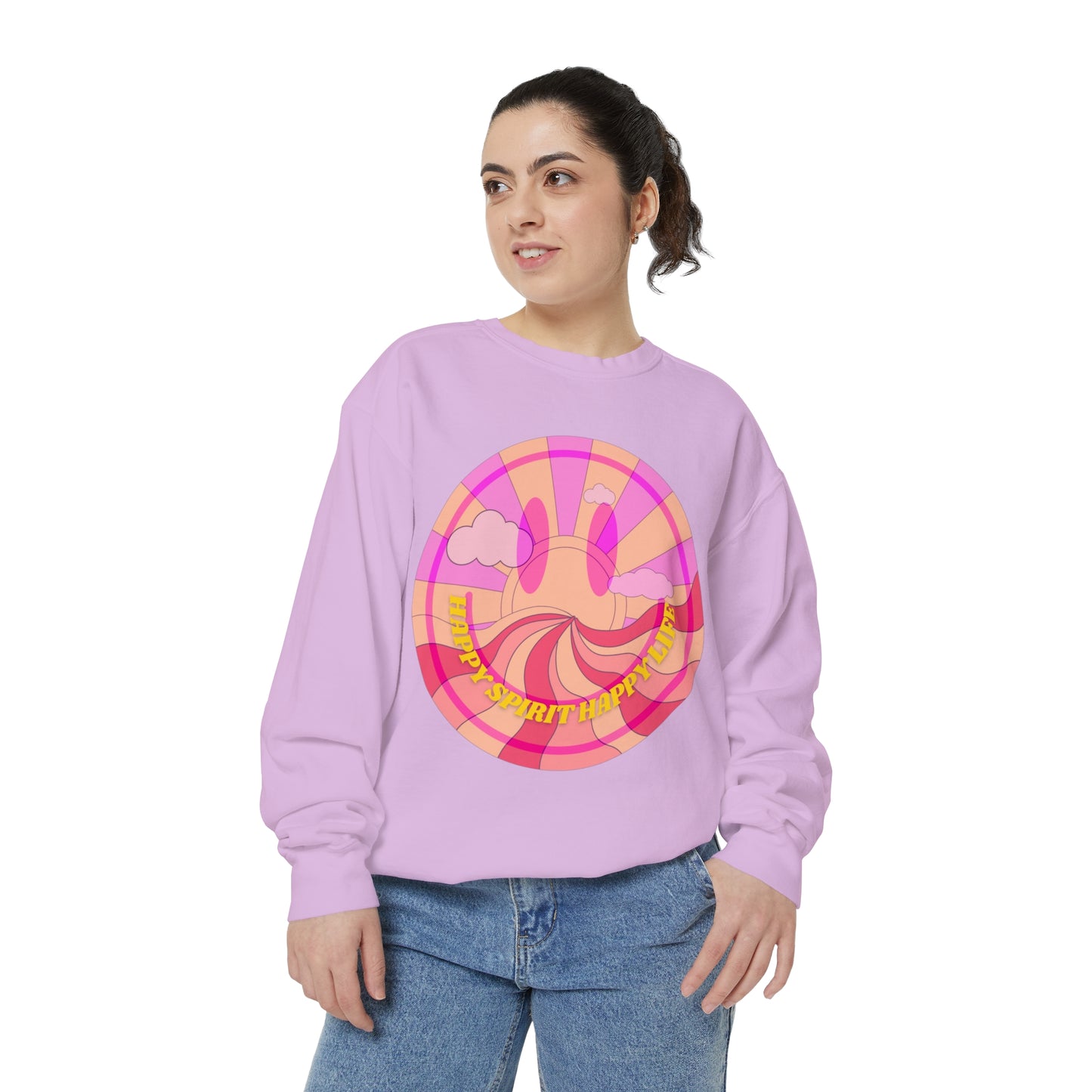 Aesthetic Smile Hoodie, Smile Face Comfort Colors Crewneck, Happy Spirit Happy Life Sunset Smile Sweatshirt, Unisex Garment-Dyed Sweatshirt