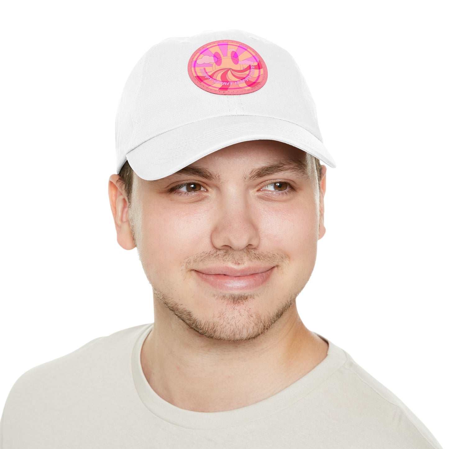 Aesthetic Pink Smile Hat, Pink Twill Dad Hat with Leather Patch (Round), Pink Golf Hat, Pink Twill Cap, Pink Cotton Hat, Pink Baseball Hat