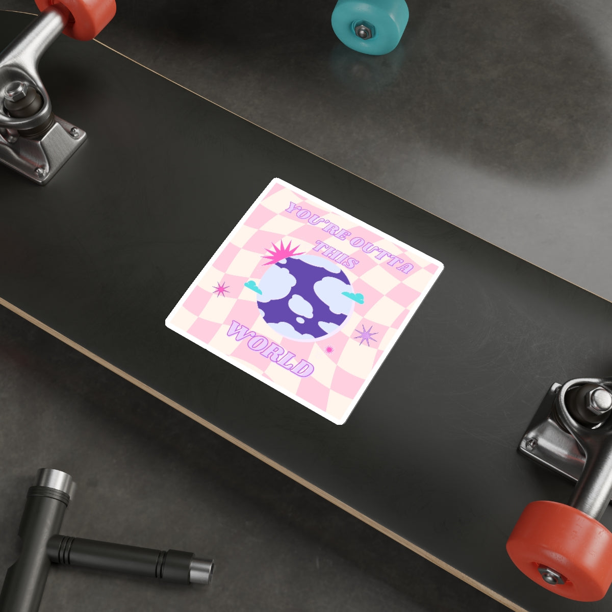 Retro Aesthetic Sticker You're Outta This World, Happy Mind Positivity Die-Cut Sticker, Pink Purple Galaxy Earth Smile Y2K Graphic