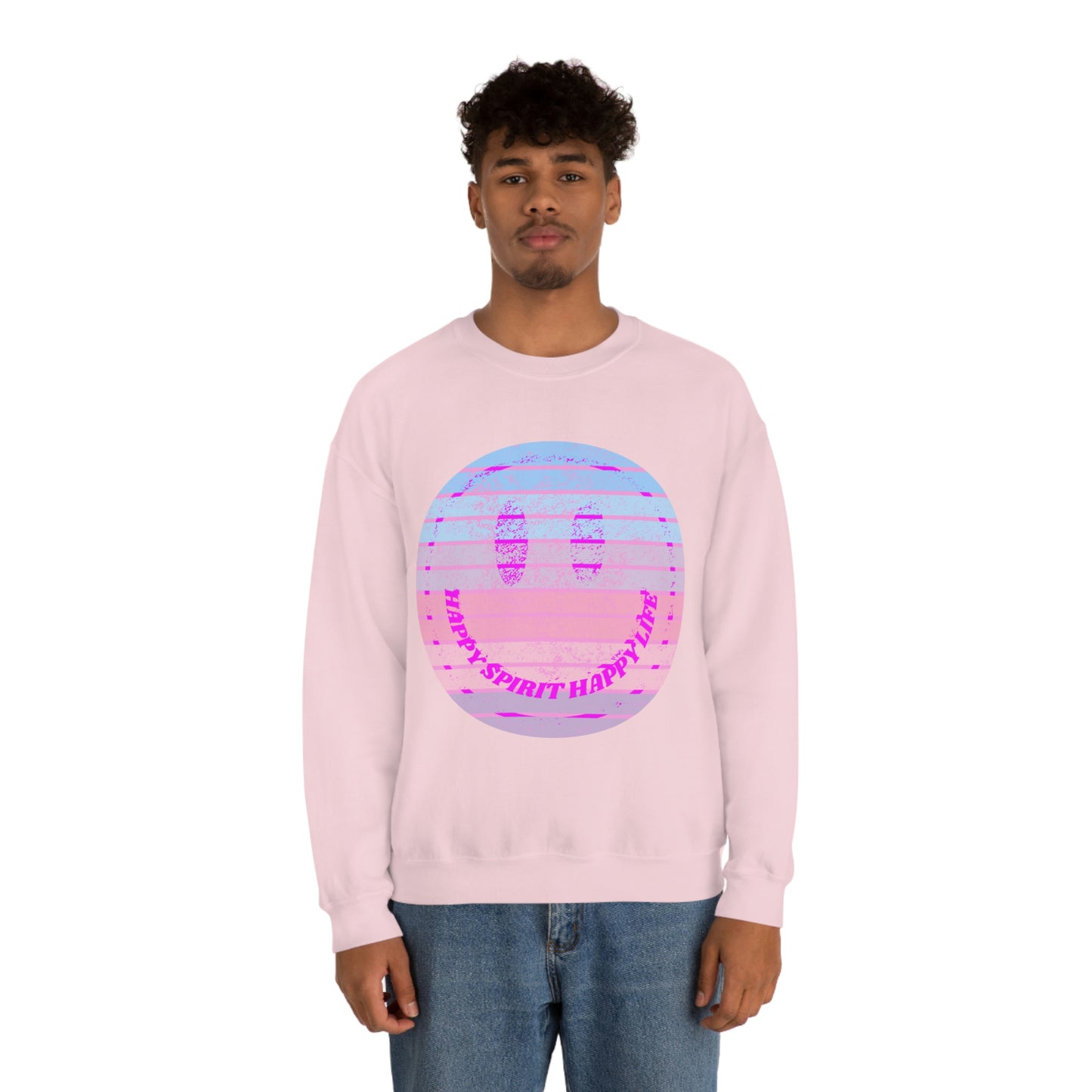 Happy Spirit Happy Life Sweatshirt, VSCO Girl Crewneck, Oversized Retro Font Graphic Tumblr, Front Print Smile Face Trendy Cover Up