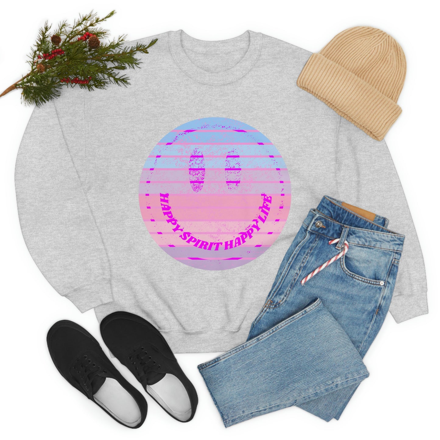 Happy Spirit Happy Life Sweatshirt, VSCO Girl Crewneck, Oversized Retro Font Graphic Tumblr, Front Print Smile Face Trendy Cover Up