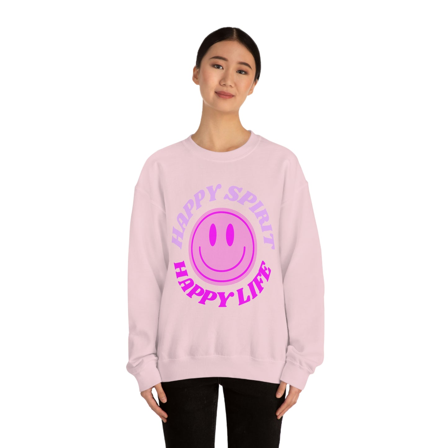 Happy Spirit Happy Life Sweatshirt, VSCO Girl Crewneck, Oversized Retro Font Graphic Tumblr, Front Print Smile Face Trendy Cover Up