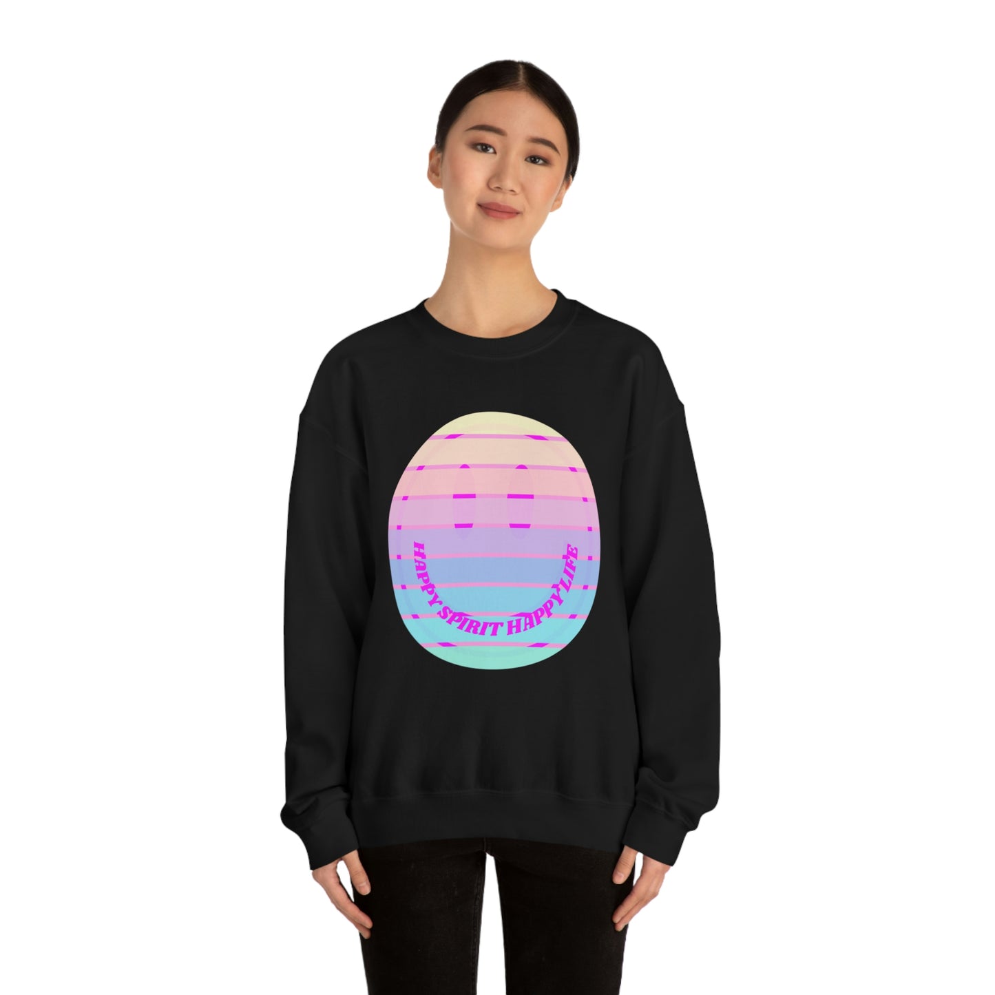 Happy Spirit Happy Life Sweatshirt, VSCO Girl Crewneck, Oversized Retro Font Graphic Tumblr, Front Print Smile Face Trendy Cover Up