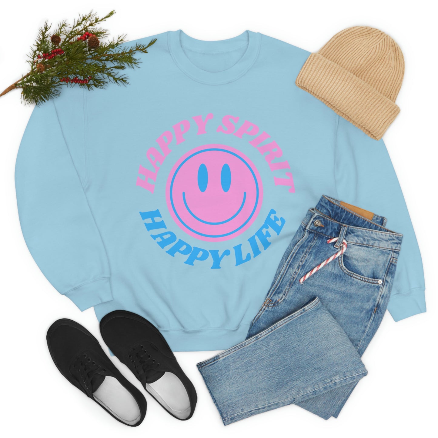 Happy Spirit Happy Life Sweatshirt, VSCO Girl Crewneck, Oversized Retro Font Graphic Tumblr, Front Print Smile Face Trendy Cover Up