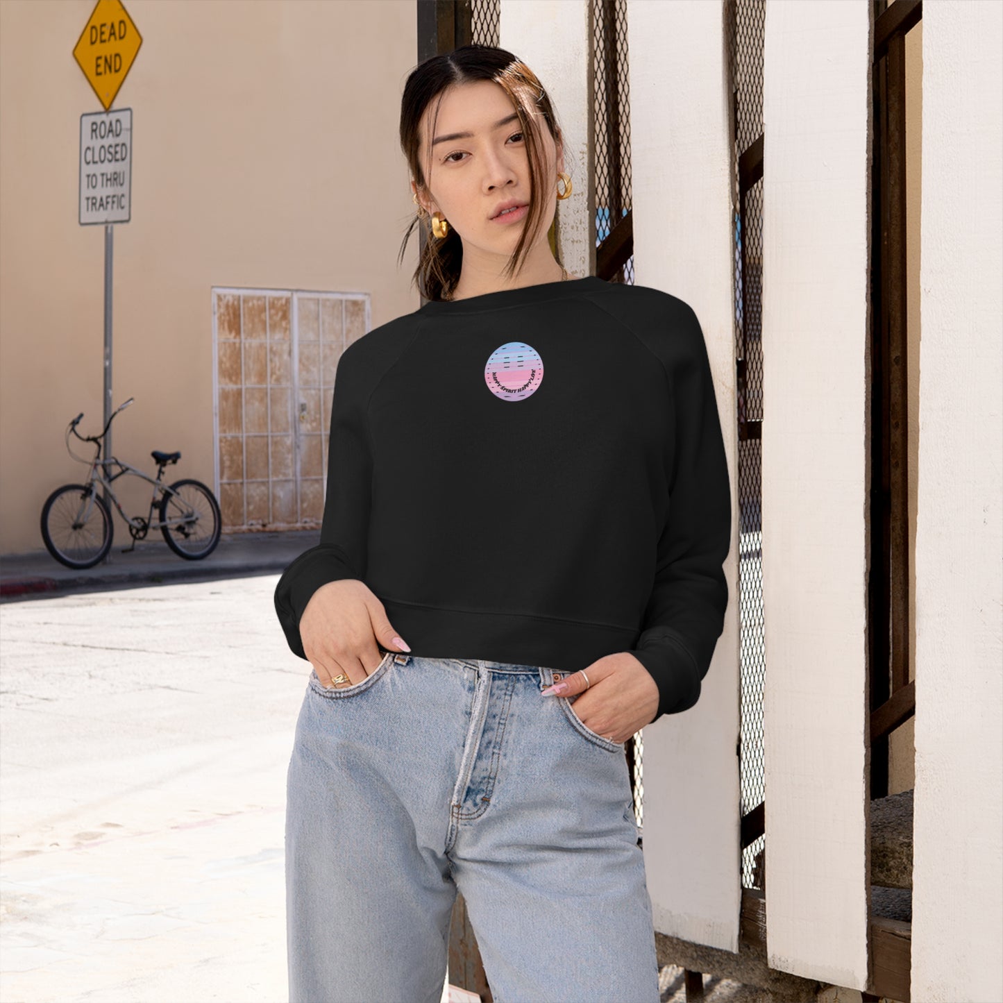 Aesthetic Cropped Sweatshirt, Smile Face Crop Top, Happy Spirit Happy Life Sunset Smile Cropped Top, Women's Cropped Fleece Pullover