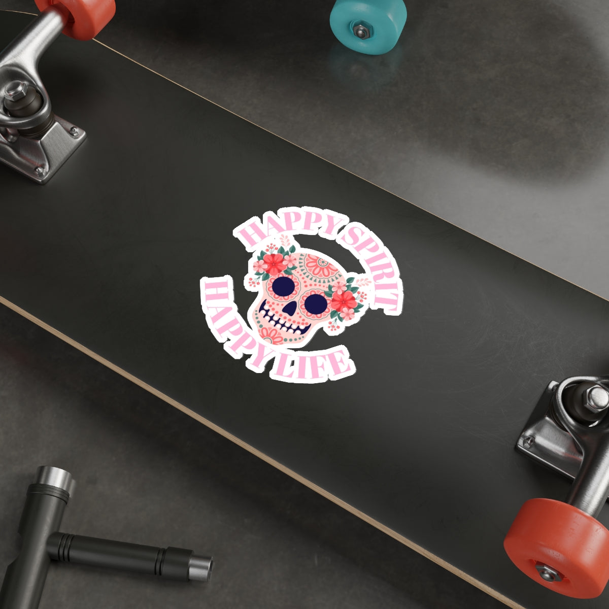 Dia De Los Muertes Day of the Dead Happy Spirit Happy Life Custom Die-Cut Stickers, Candy Skull Sticker, Skull Pink Peach Flowers Sticker