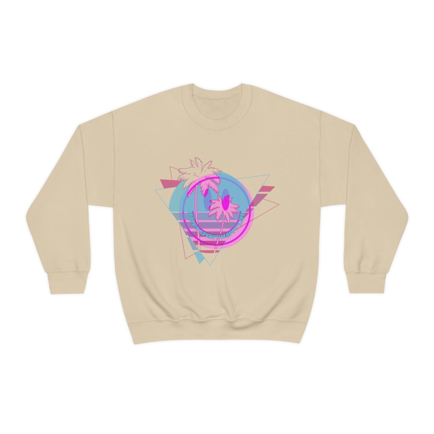 Happy Spirit Happy Life Sweatshirt, VSCO Girl Crewneck, Oversized Retro Font Graphic Tumblr, Front Print Smile Face Trendy Cover Up