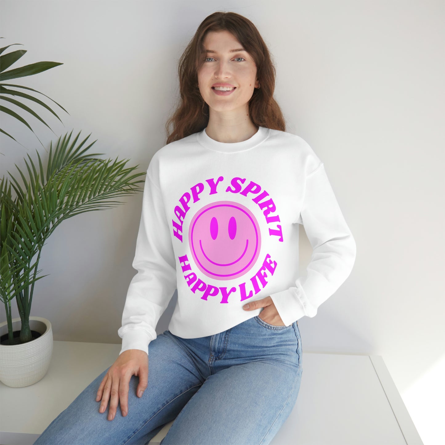 Happy Spirit Happy Life Sweatshirt, VSCO Girl Crewneck, Oversized Retro Font Graphic Tumblr, Front Print Smile Face Trendy Cover Up