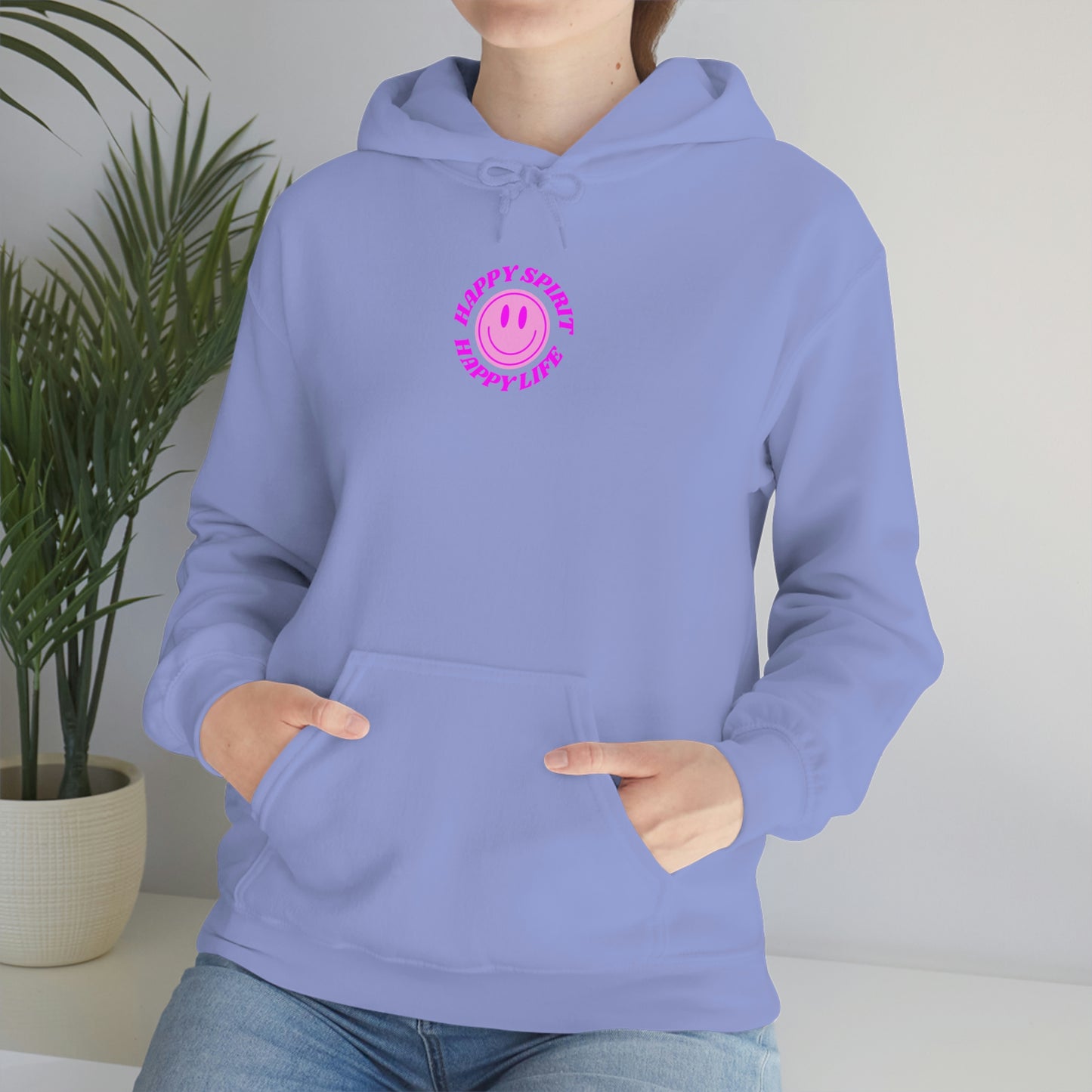 Happy Spirit Happy Life Hoodie Gildan VSCO Girl Sweatshirt, Oversized Tumblr Front Back Print Smile Happy Mind Trendy Retro Font Cover UP