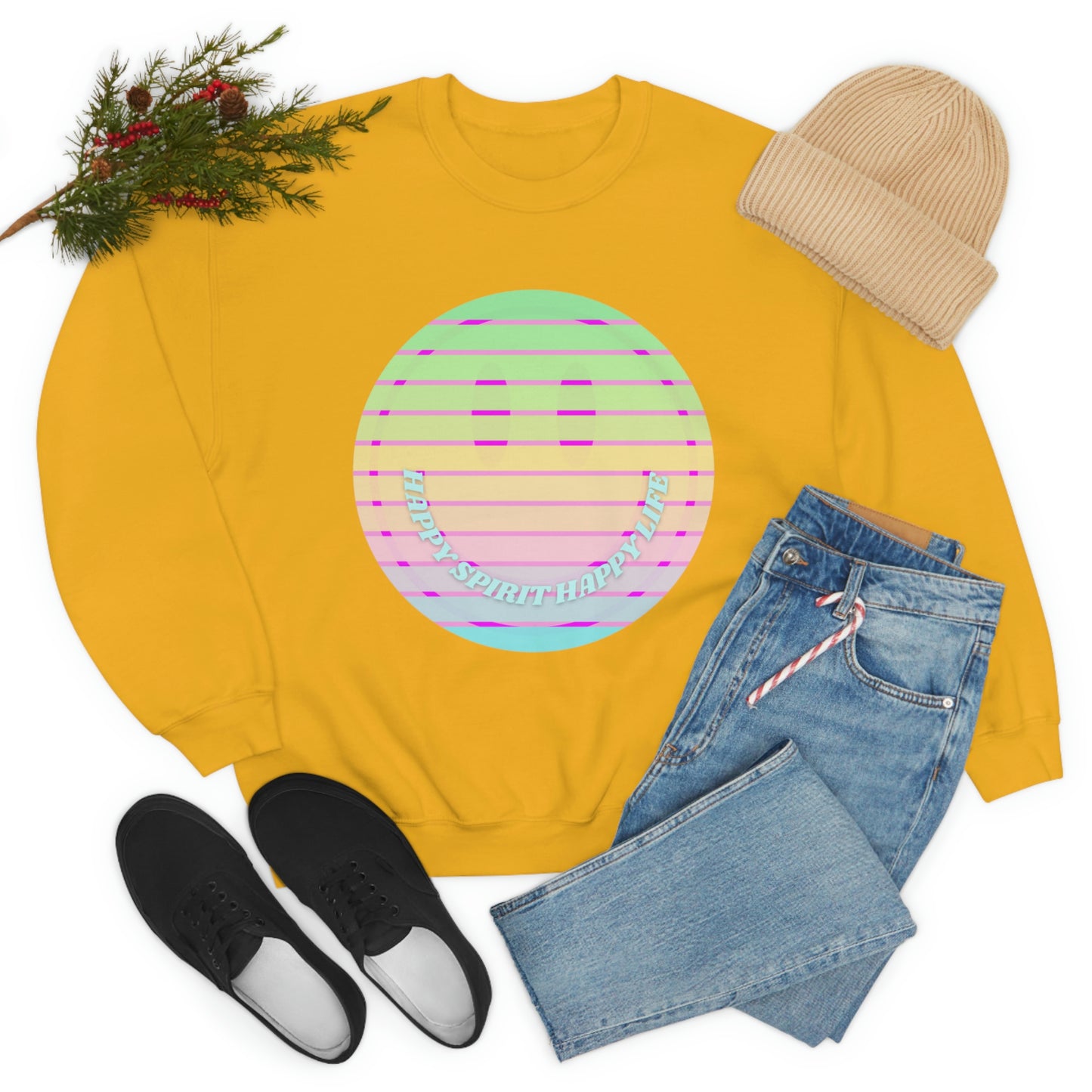 Happy Spirit Happy Life Sweatshirt, VSCO Girl Crewneck, Oversized Retro Font Graphic Tumblr, Front Print Smile Face Trendy Cover Up