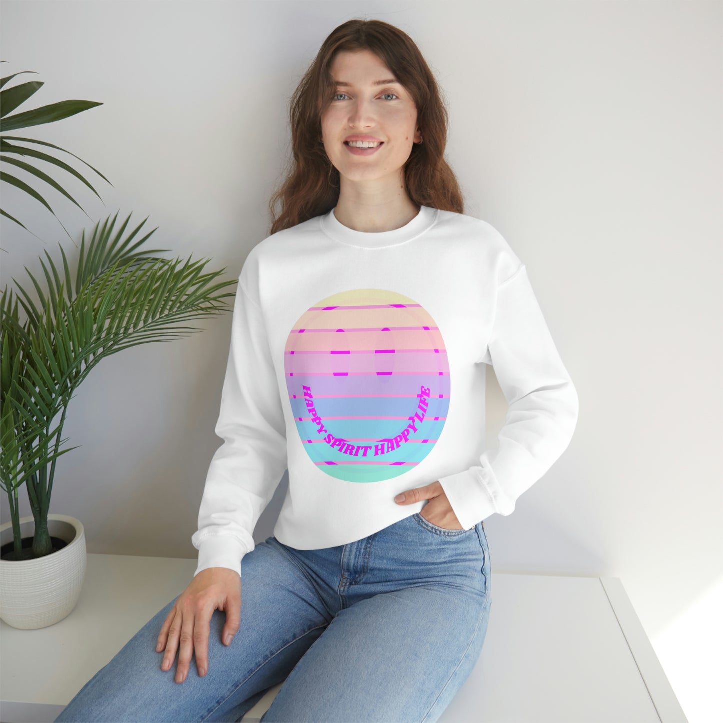 Happy Spirit Happy Life Sweatshirt, VSCO Girl Crewneck, Oversized Retro Font Graphic Tumblr, Front Print Smile Face Trendy Cover Up