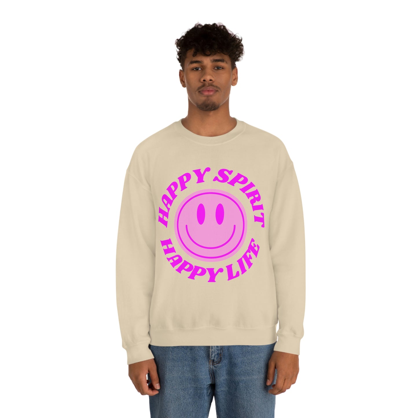 Happy Spirit Happy Life Sweatshirt, VSCO Girl Crewneck, Oversized Retro Font Graphic Tumblr, Front Print Smile Face Trendy Cover Up