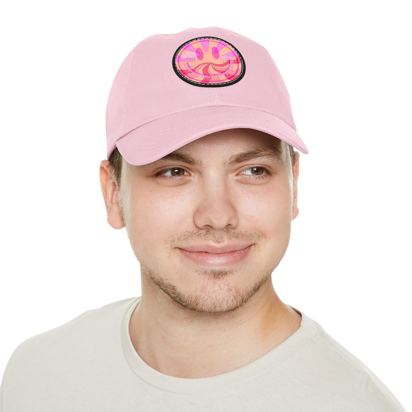 Aesthetic Pink Smile Hat, Pink Twill Dad Hat with Leather Patch (Round), Pink Golf Hat, Pink Twill Cap, Pink Cotton Hat, Pink Baseball Hat