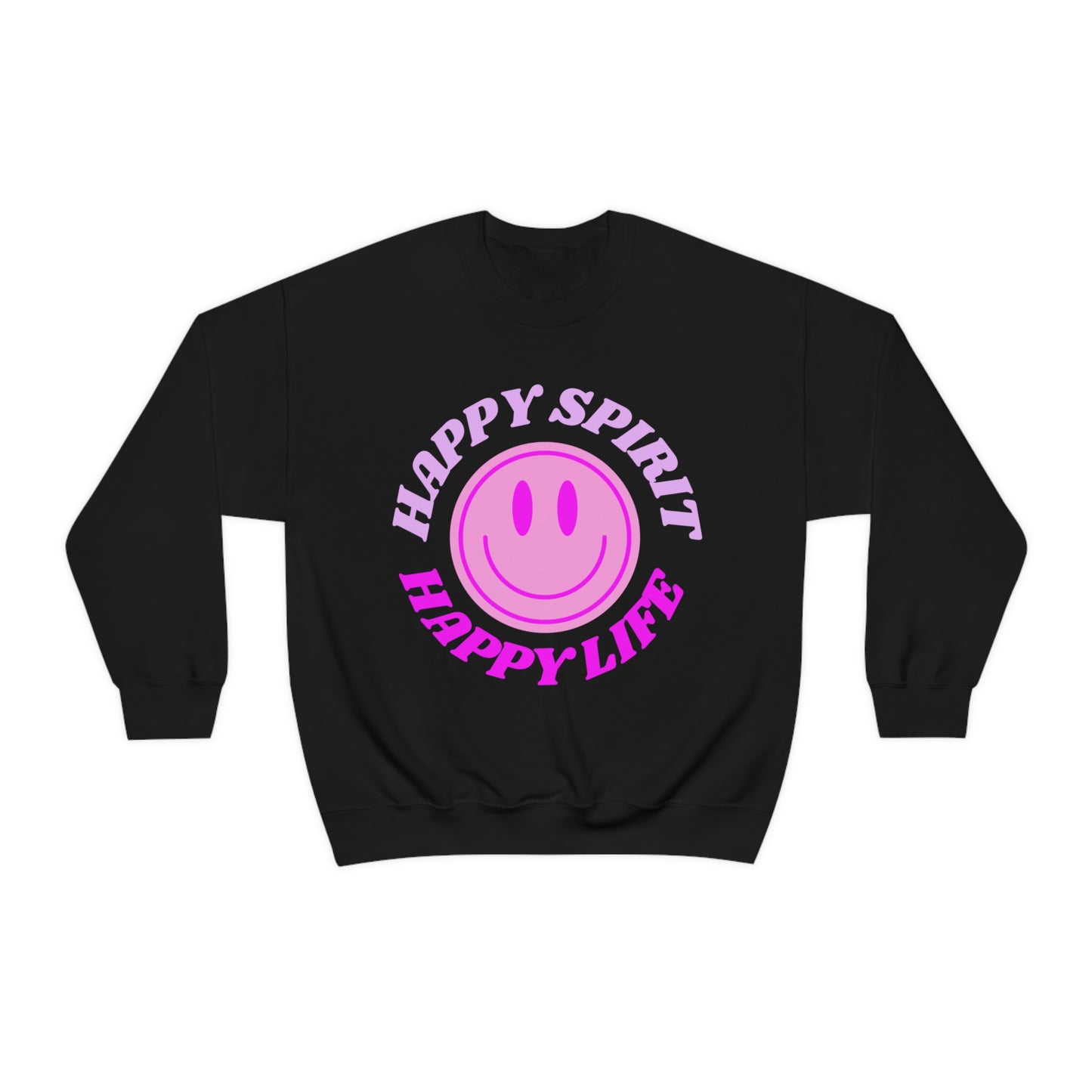 Happy Spirit Happy Life Sweatshirt, VSCO Girl Crewneck, Oversized Retro Font Graphic Tumblr, Front Print Smile Face Trendy Cover Up