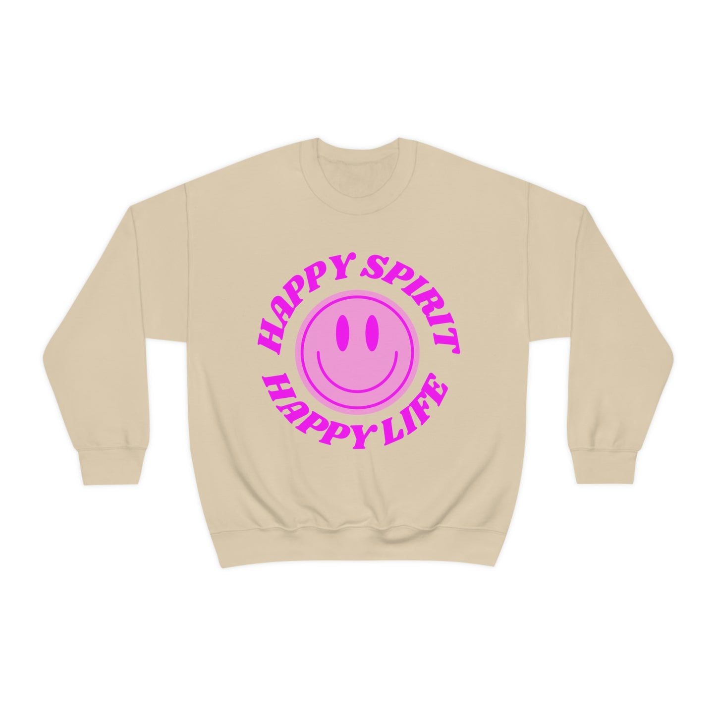 Happy Spirit Happy Life Sweatshirt, VSCO Girl Crewneck, Oversized Retro Font Graphic Tumblr, Front Print Smile Face Trendy Cover Up