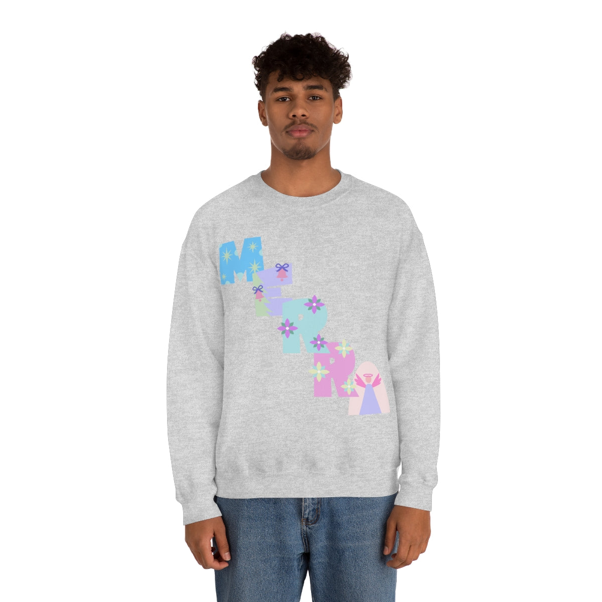 Pastel Christmas Sweatshirt, Holiday VSCO Girl Crewneck, Oversized Xmas Tumblr Sweater, Pastel Playful Letter Print Merry Trendy Sweatshirt
