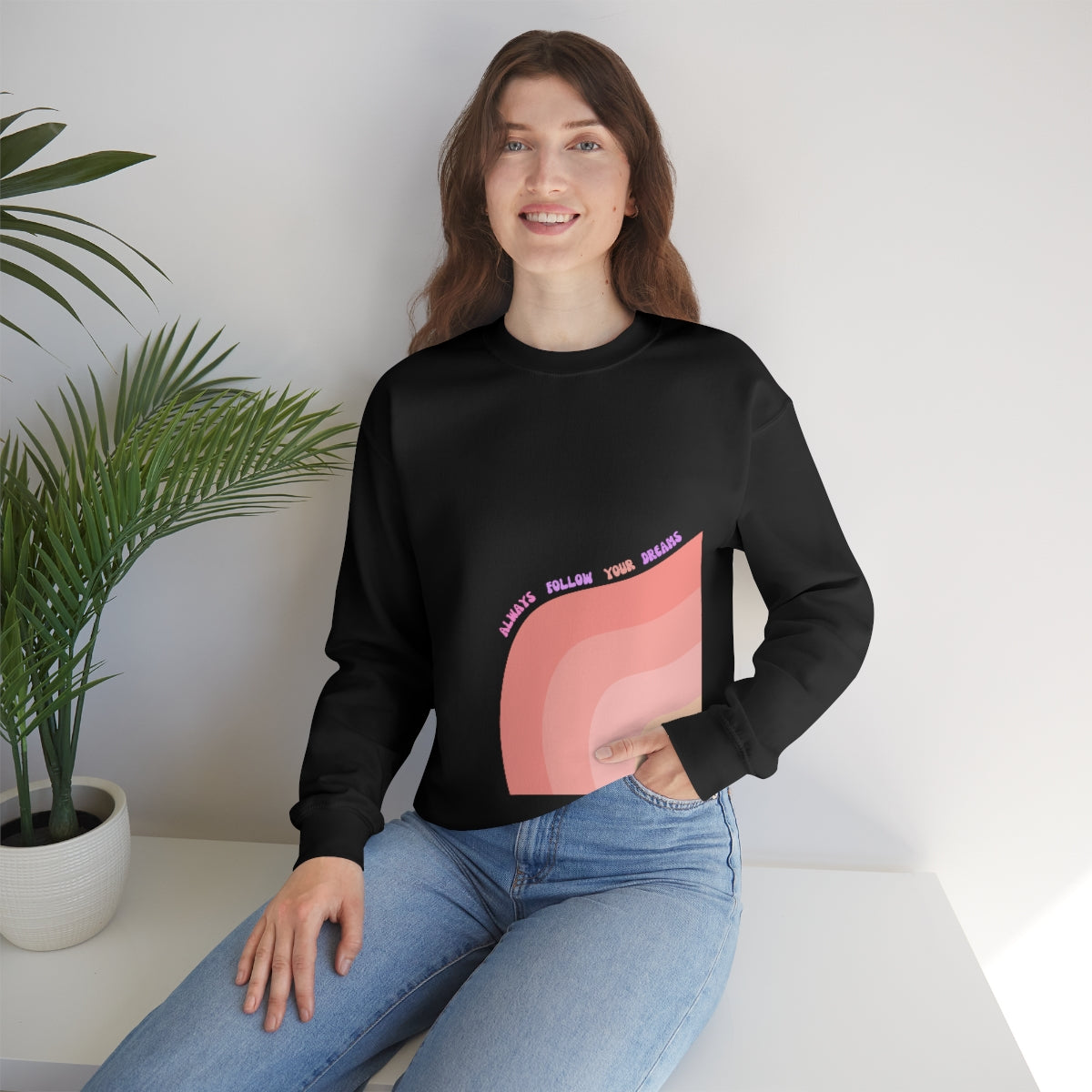 Retro Rainbow Sweatshirt, Always Follow Your Dreams Crewneck, Pink and Lavender Sweatshirt, Minimalist Vintage Style Font, Positivity Top