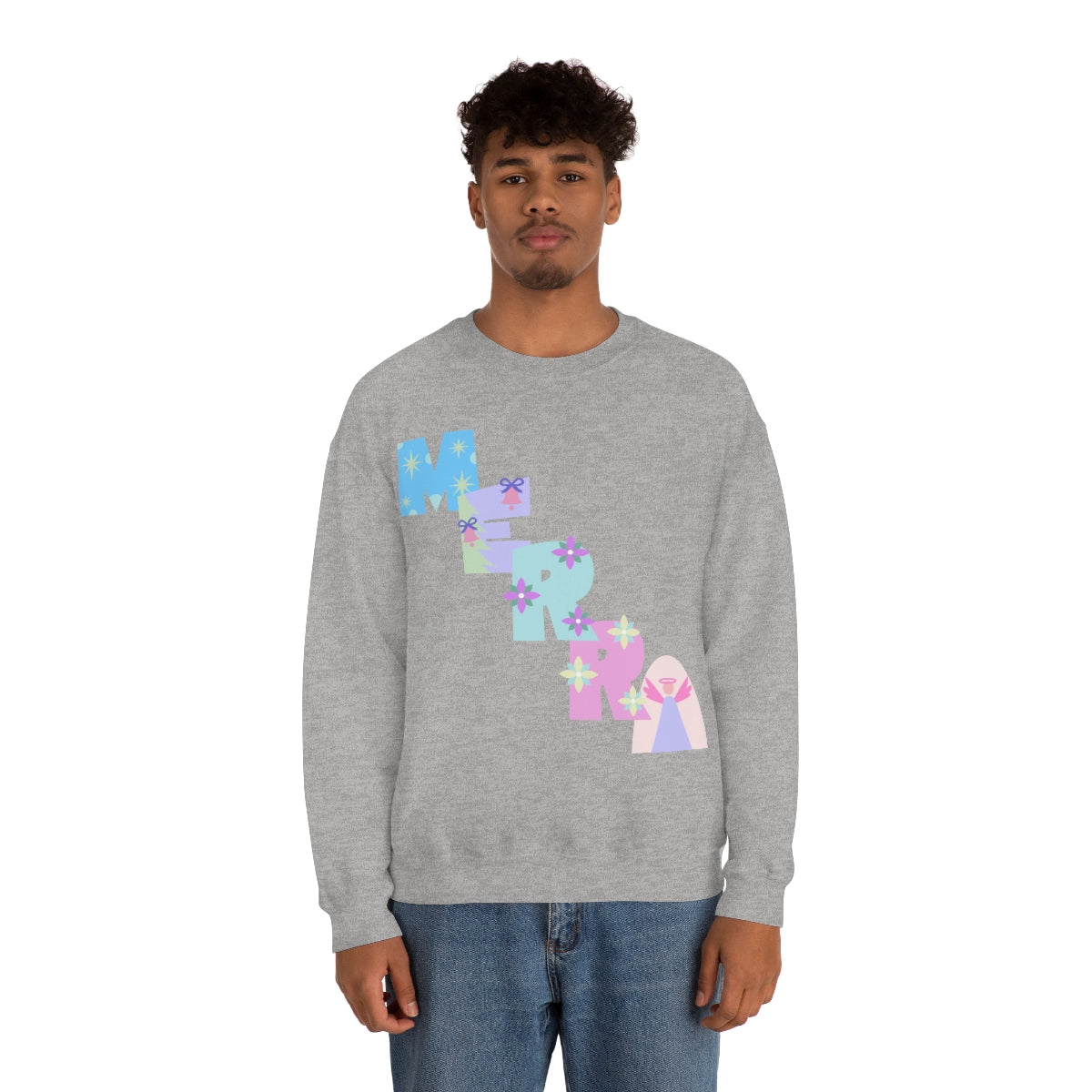 Pastel Christmas Sweatshirt, Holiday VSCO Girl Crewneck, Oversized Xmas Tumblr Sweater, Pastel Playful Letter Print Merry Trendy Sweatshirt