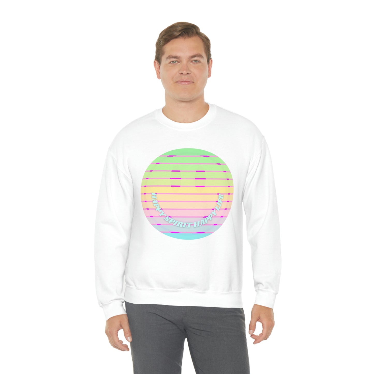 Happy Spirit Happy Life Sweatshirt, VSCO Girl Crewneck, Oversized Retro Font Graphic Tumblr, Front Print Smile Face Trendy Cover Up