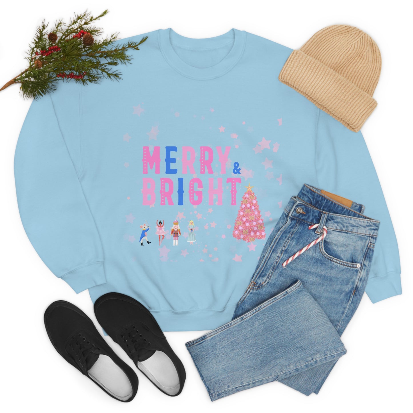 Pink Nutcracker Merry and Bright Minimalist Sweatshirt, Blue Nutcracker Sweatshirt, Trendy Christmas Sweatshirt, Pastel Xmas Crewneck