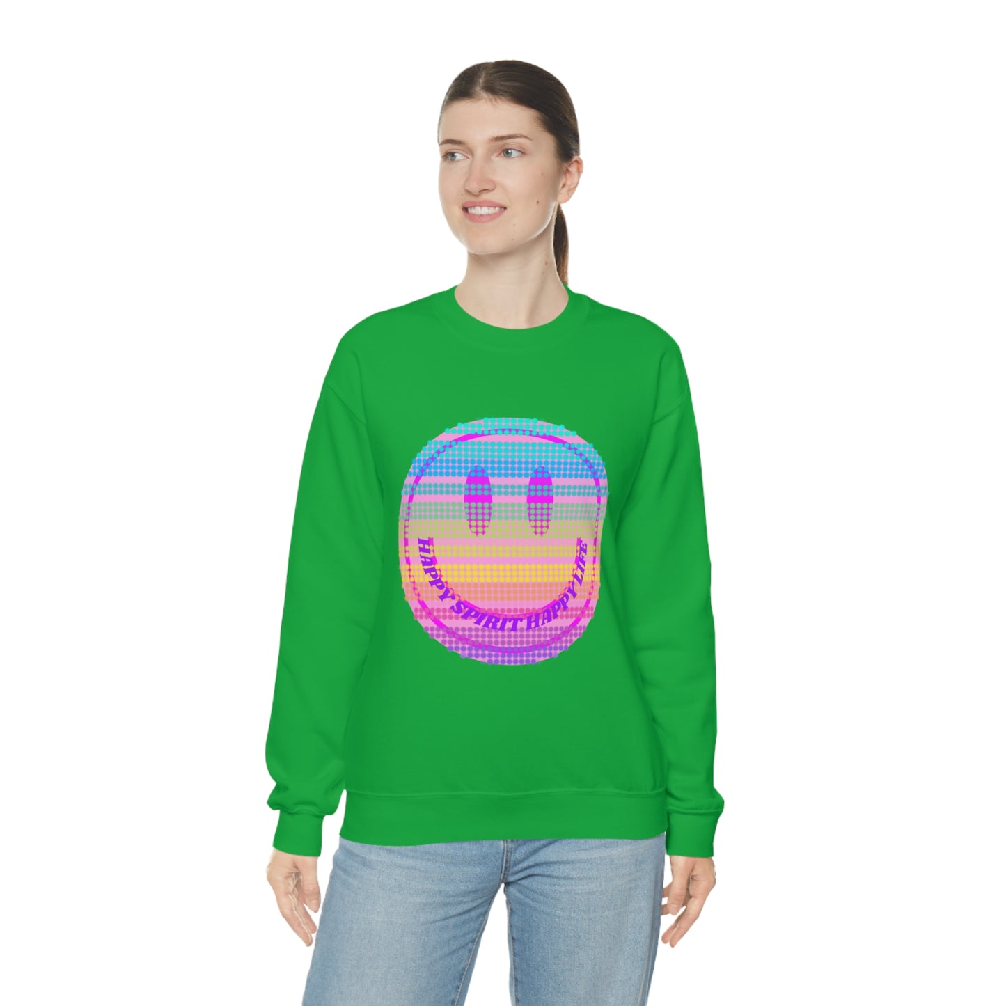Happy Spirit Happy Life Sweatshirt, VSCO Girl Crewneck, Oversized Retro Font Graphic Tumblr, Front Print Smile Face Trendy Cover Up