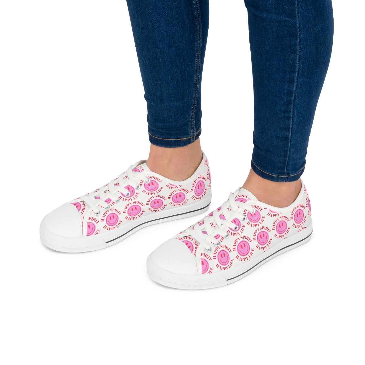 Happy Spirit Happy Life Pink Smile Sneakers, Smile Canvas Low Top Shoes for Women, Vsco Girl Shoes, Tumblr Shoes, White Pink Red Shoes