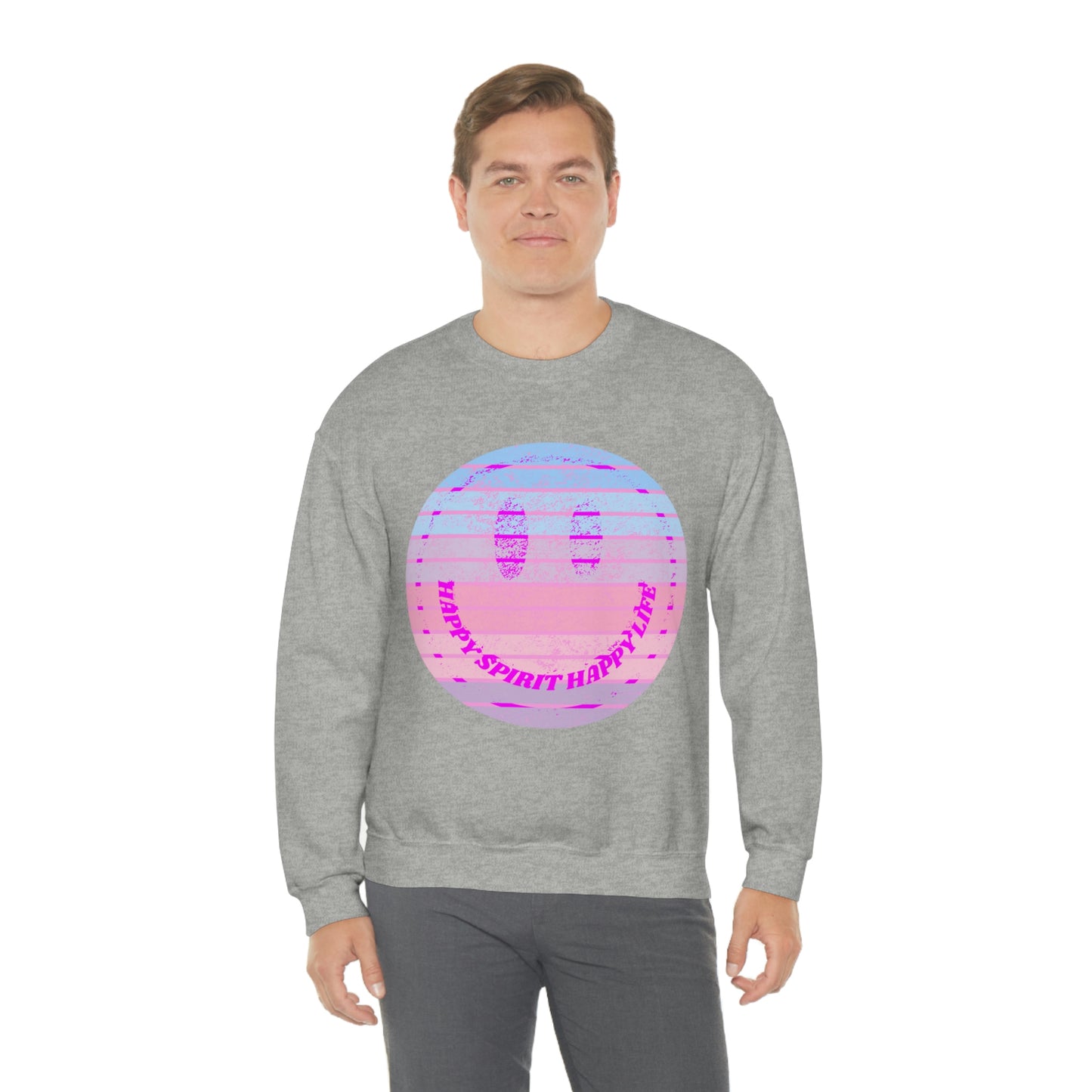Happy Spirit Happy Life Sweatshirt, VSCO Girl Crewneck, Oversized Retro Font Graphic Tumblr, Front Print Smile Face Trendy Cover Up