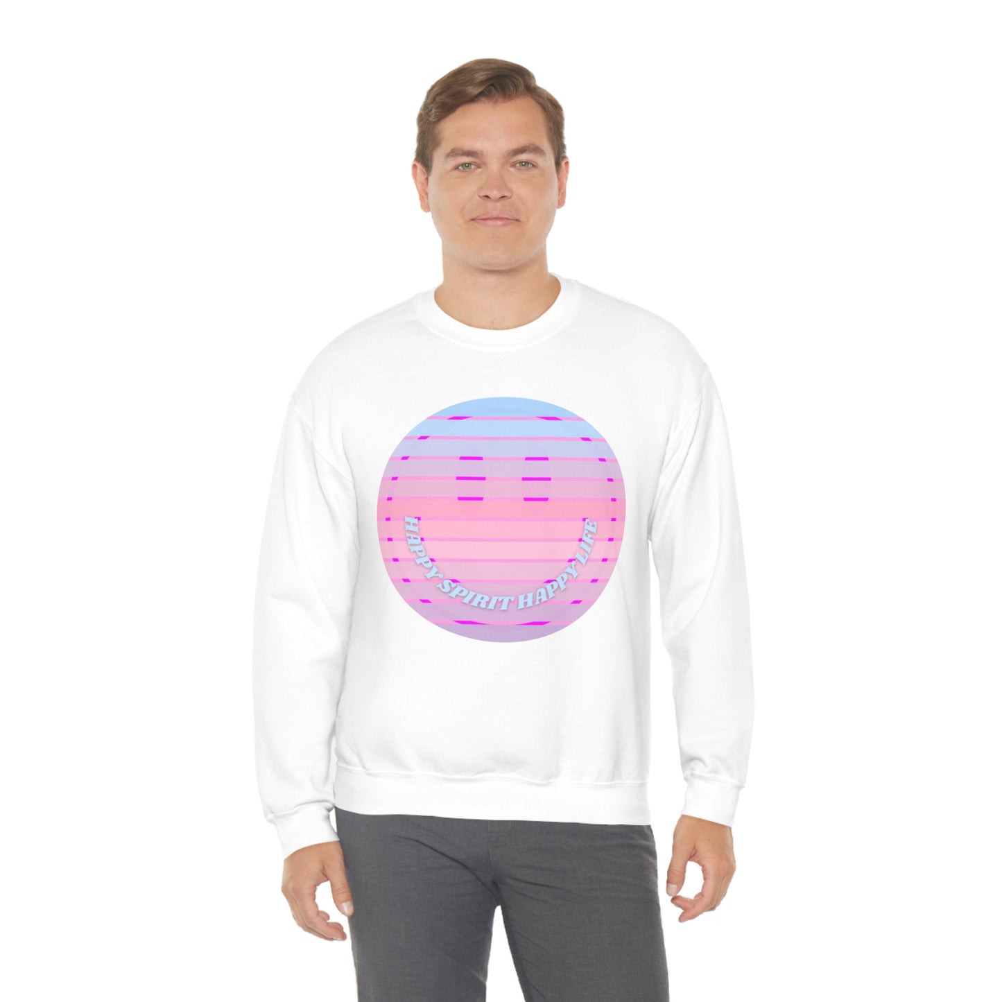 Happy Spirit Happy Life Sweatshirt, VSCO Girl Crewneck, Oversized Retro Font Graphic Tumblr, Front Print Smile Face Trendy Cover Up