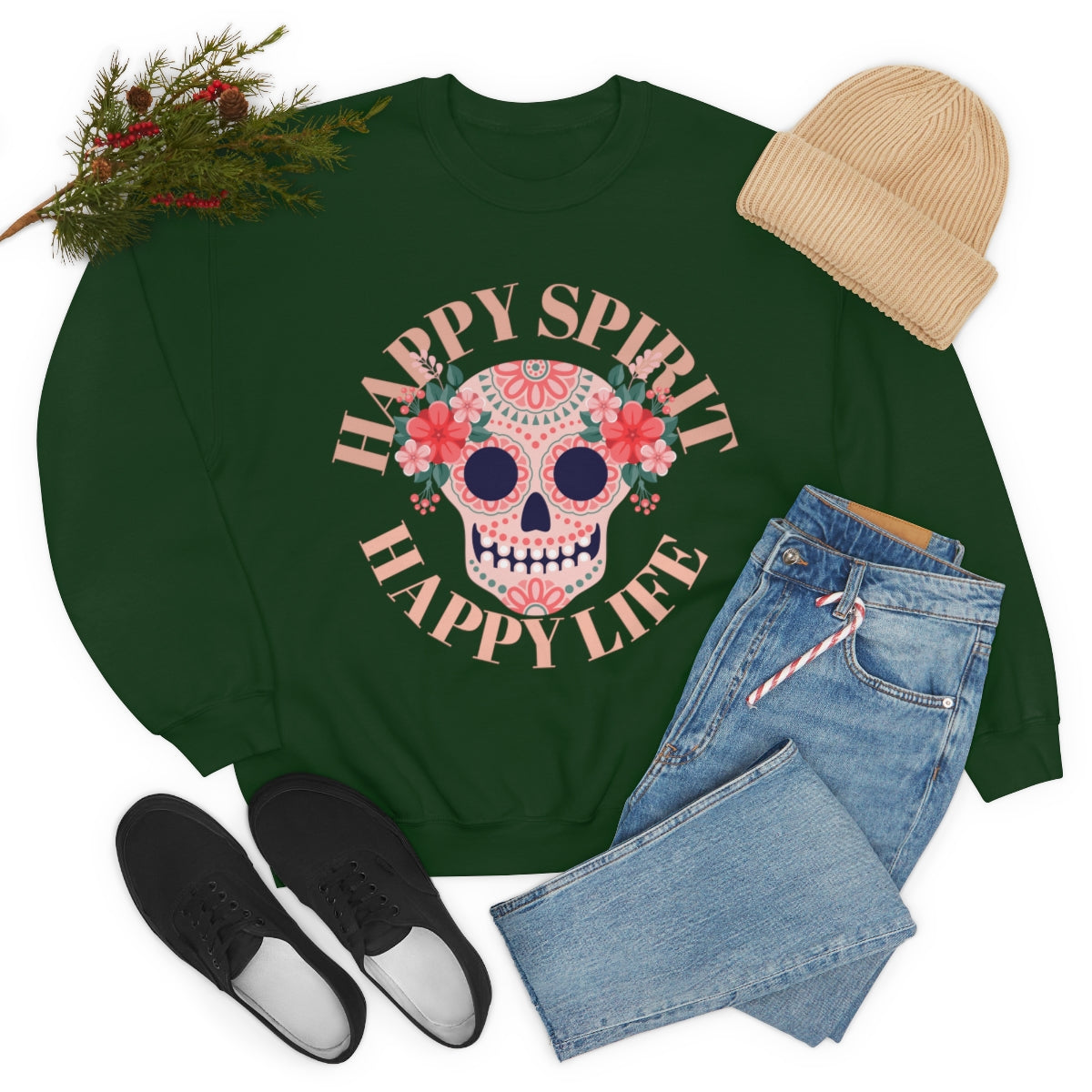 Dia De Los Muertos Crewneck Sweatshirt, Day of the Dead Gift, Happy Spirit Happy Life, Honoring the Dead Aesthetic Candy Skull, Sugar Skull