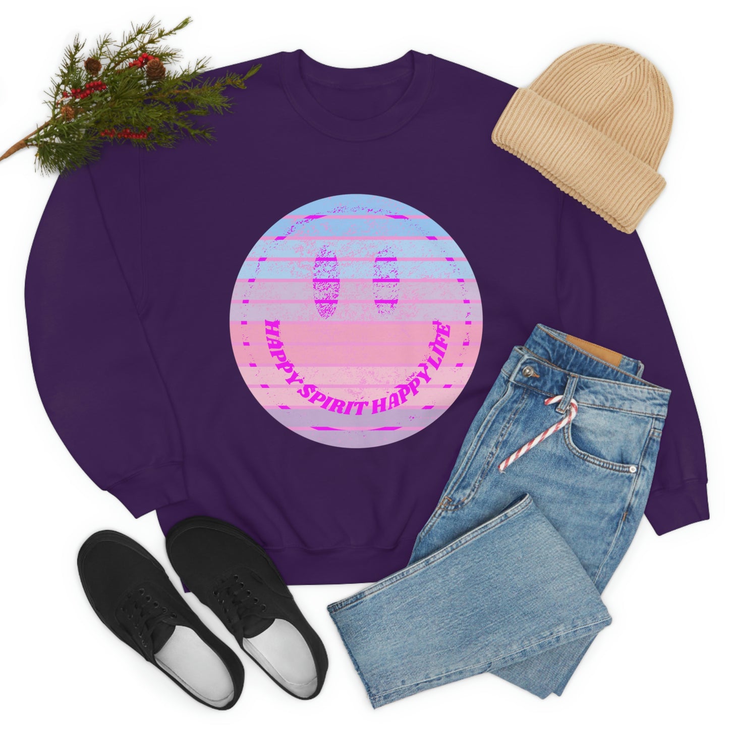 Happy Spirit Happy Life Sweatshirt, VSCO Girl Crewneck, Oversized Retro Font Graphic Tumblr, Front Print Smile Face Trendy Cover Up