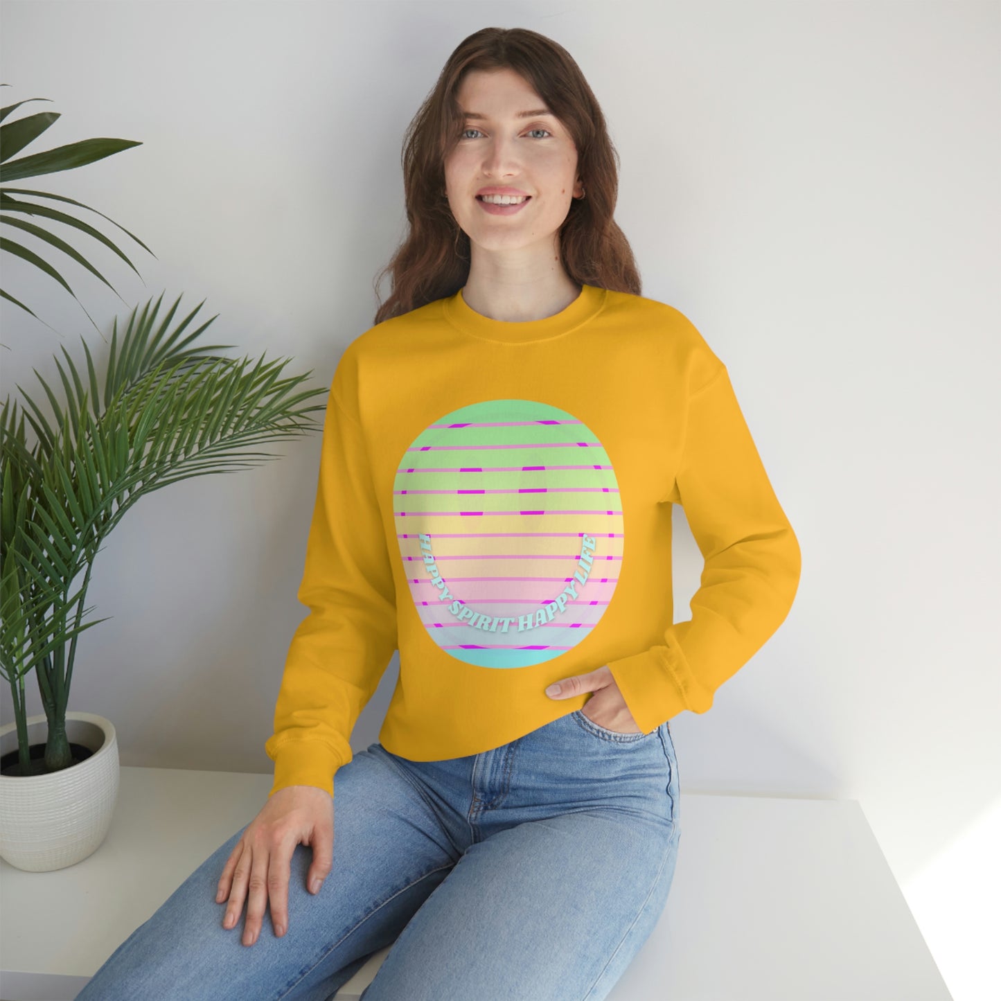 Happy Spirit Happy Life Sweatshirt, VSCO Girl Crewneck, Oversized Retro Font Graphic Tumblr, Front Print Smile Face Trendy Cover Up