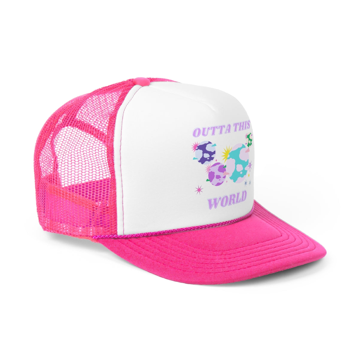 Pink Trucker Hat Outta This World - Aesthetic Hat, Flower Smile Tumblr hat, Trendy Oversized Vsco girl, Pink Graphic Trucker Hat, Base