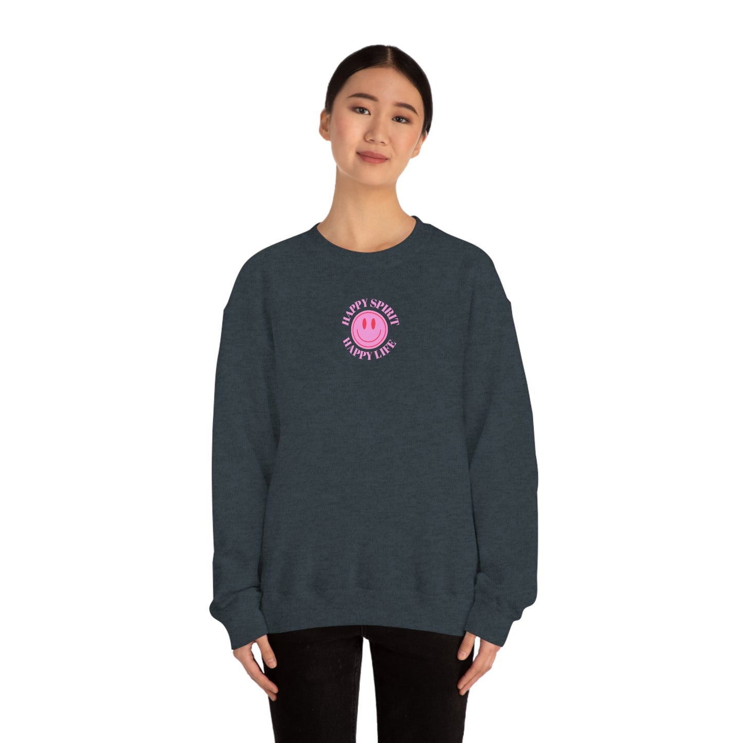Happy Spirit Happy Life Sweatshirt, Gildan VSCO Girl Crewneck, Oversized Tumblr Front Back Print Smile Happy Mind Trendy Loungewear