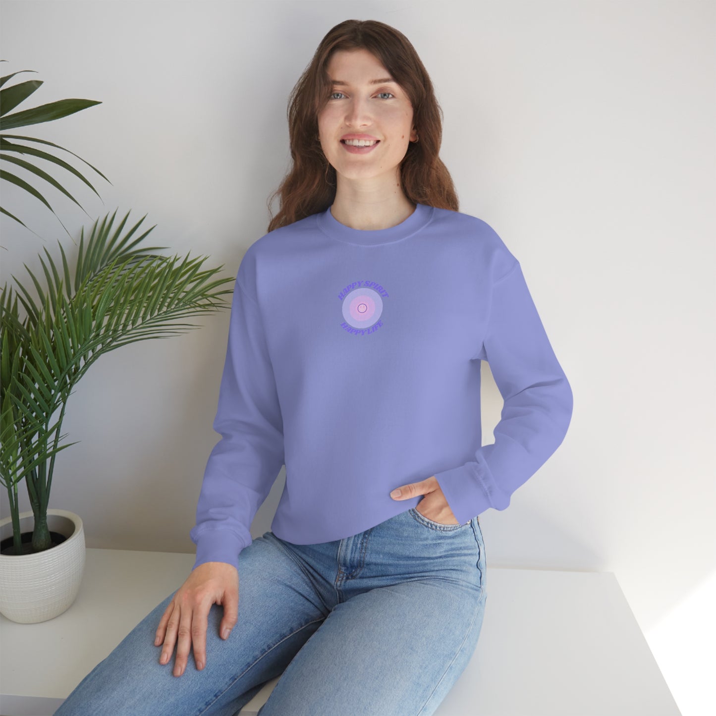 Retro Happy Spirit Happy Life Lavender Lilac Pink Smile Graphic Crewneck, VSCO Girl Sweatshirt, Tumblr Oversized Trendy Back Print Pullover