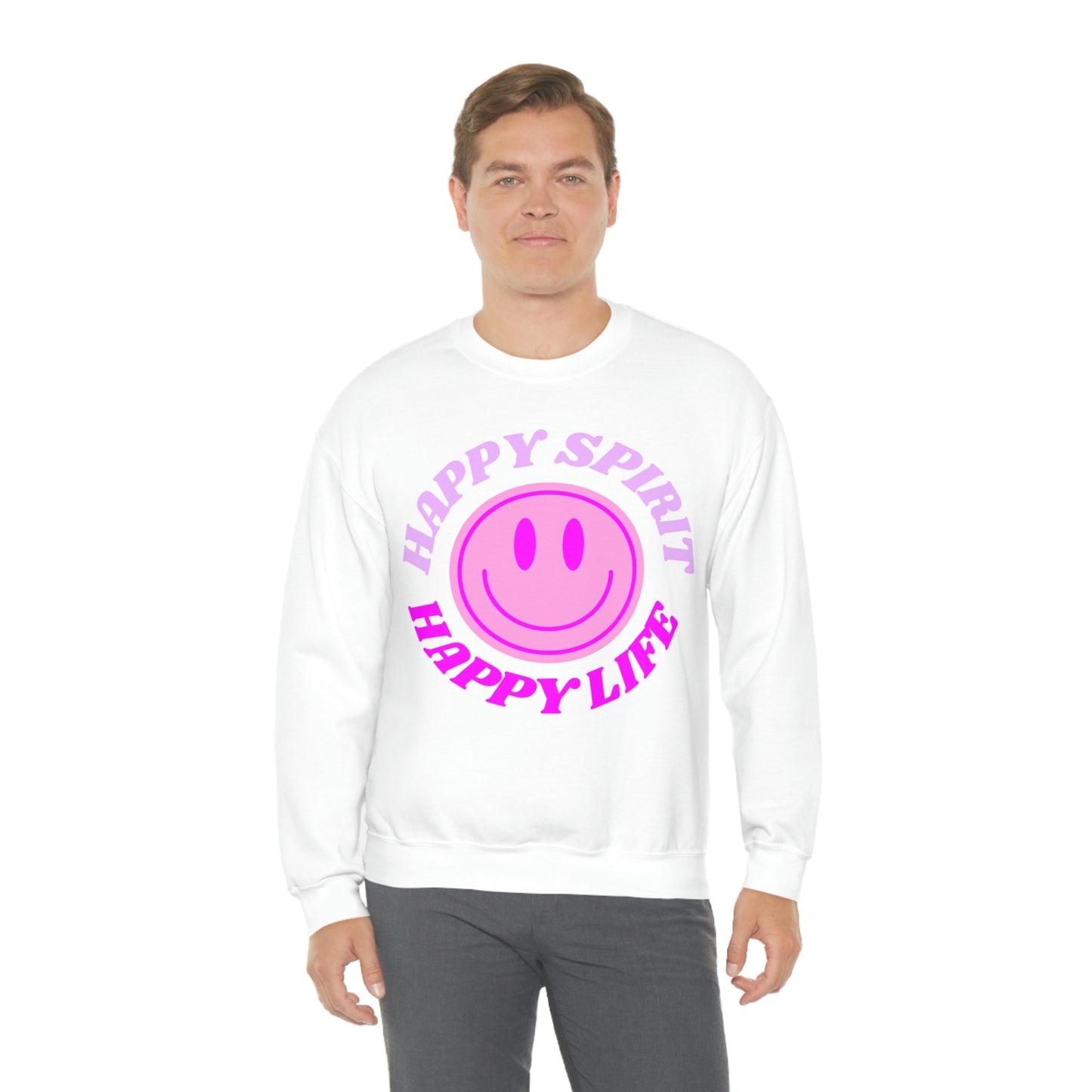 Happy Spirit Happy Life Sweatshirt, VSCO Girl Crewneck, Oversized Retro Font Graphic Tumblr, Front Print Smile Face Trendy Cover Up