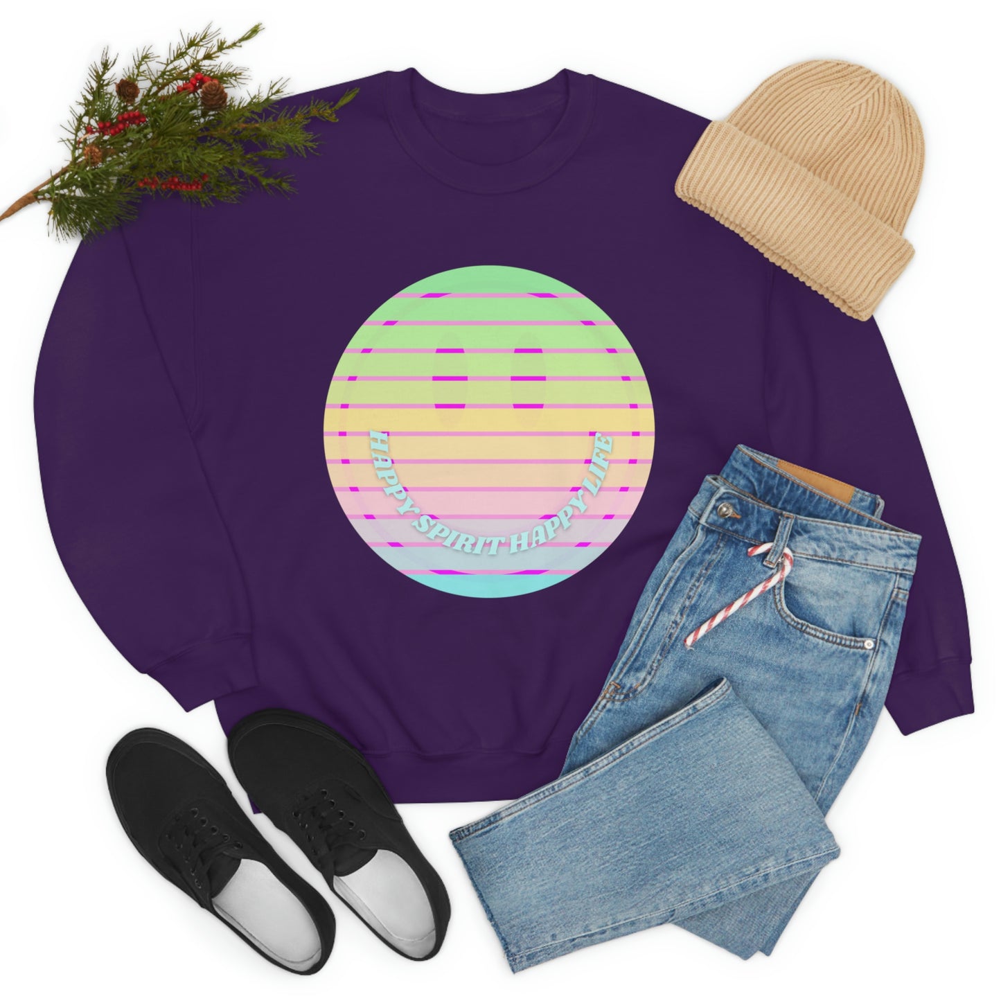 Happy Spirit Happy Life Sweatshirt, VSCO Girl Crewneck, Oversized Retro Font Graphic Tumblr, Front Print Smile Face Trendy Cover Up