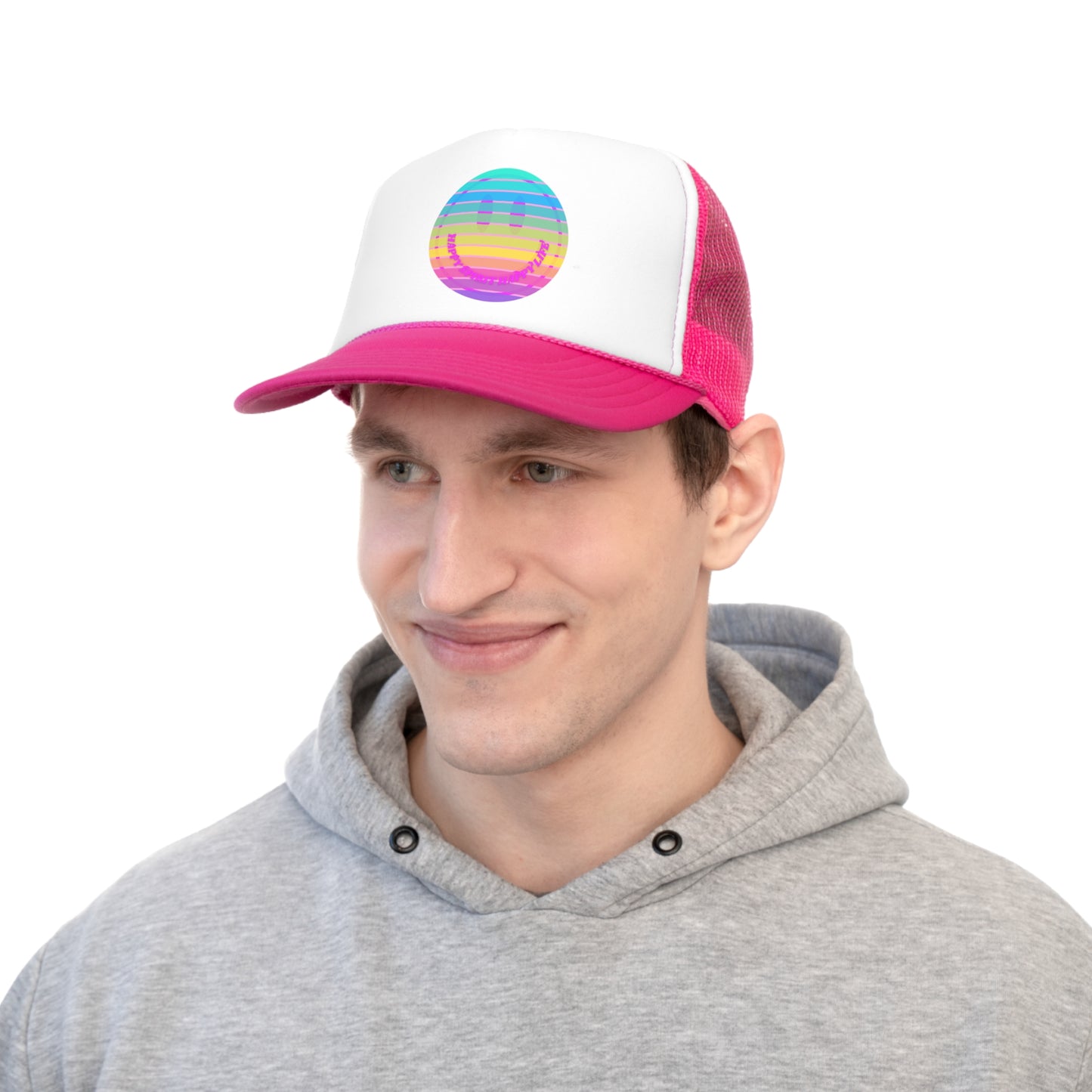 Hat Happy Spirit Happy Life, Aesthetic Retro Sunset Hat, Smile Tumblr Hat, Graphic Trendy Trucker Pink Hat, Vsco Girl, Baseball Hat