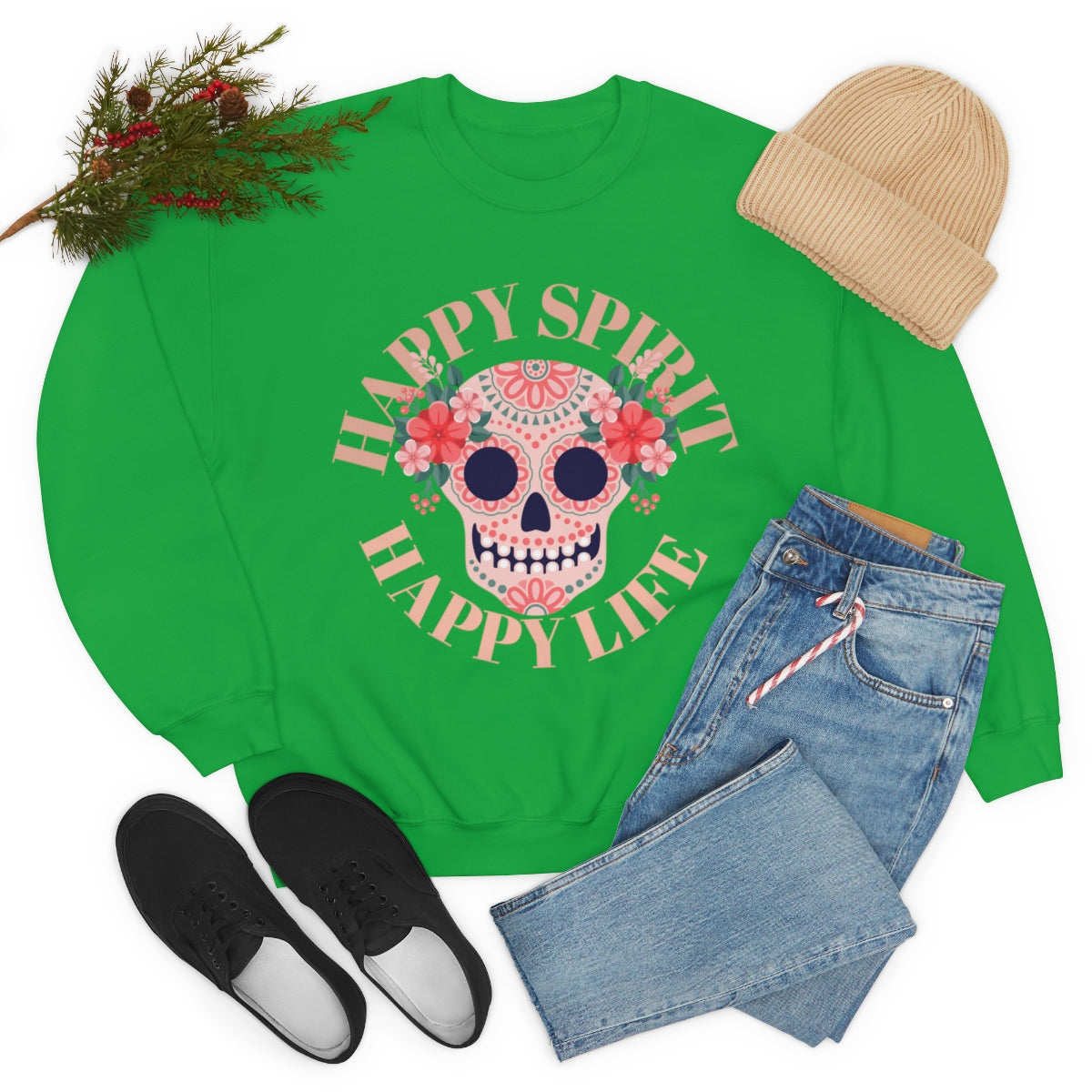 Dia De Los Muertos Crewneck Sweatshirt, Day of the Dead Gift, Happy Spirit Happy Life, Honoring the Dead Aesthetic Candy Skull, Sugar Skull