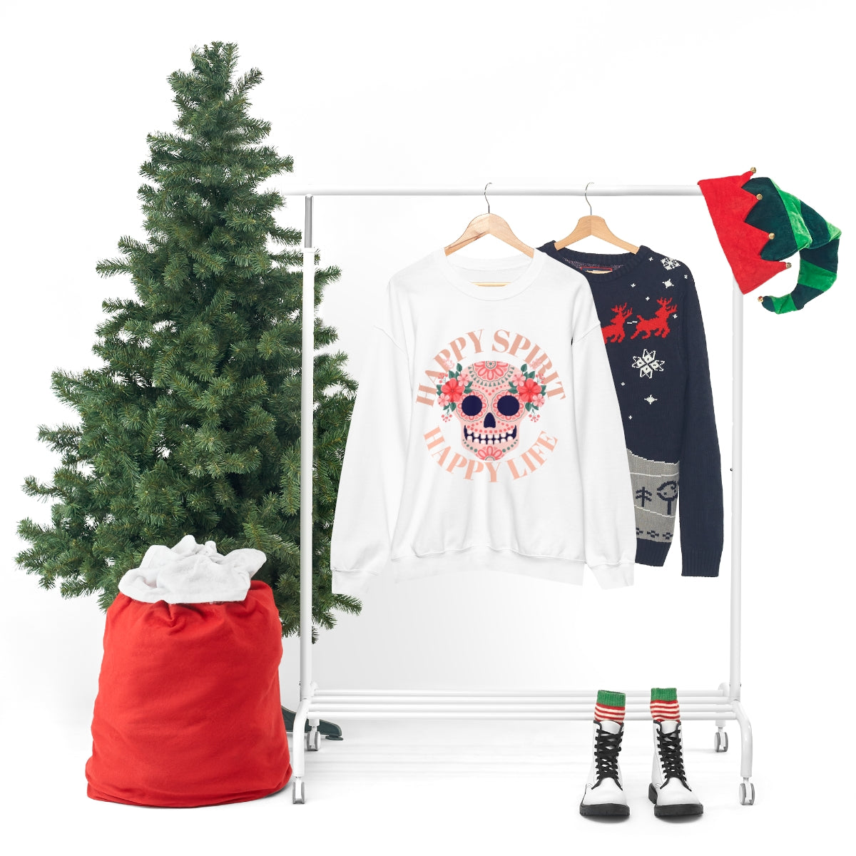 Dia De Los Muertos Crewneck Sweatshirt, Day of the Dead Gift, Happy Spirit Happy Life, Honoring the Dead Aesthetic Candy Skull, Sugar Skull